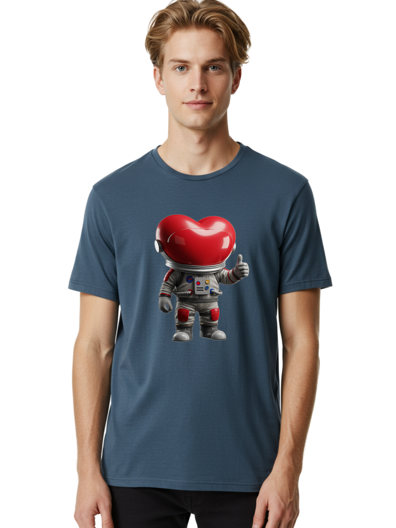 Astronaut-Heart Men'S Graphic Tee, 100% Cotton, Comfortable Casual Summer Wear, Machine Washable, Astronaut With Heart-Shaped Helmet, Thumbs Up Gesture, Space Suit, Futuristic Design, Red And Gray Colors, Love In Space, Positivity, Approval Bae122 25