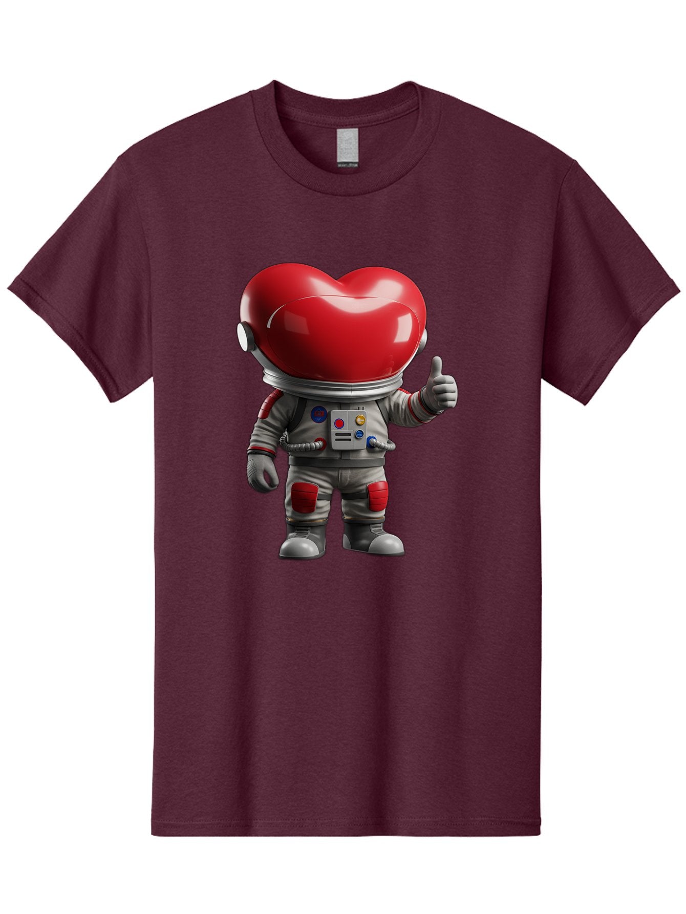 Astronaut-Heart Men'S Graphic Tee, 100% Cotton, Comfortable Casual Summer Wear, Machine Washable, Astronaut With Heart-Shaped Helmet, Thumbs Up Gesture, Space Suit, Futuristic Design, Red And Gray Colors, Love In Space, Positivity, Approval Bae122 13