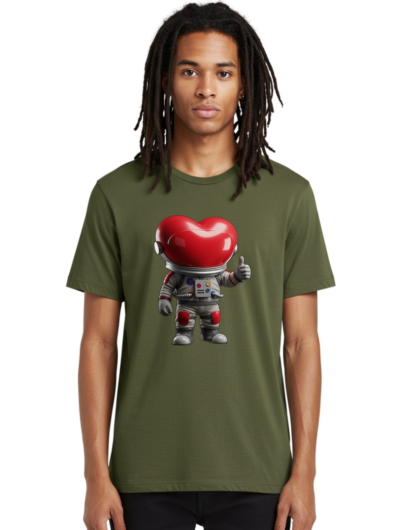 Astronaut-Heart Men'S Graphic Tee, 100% Cotton, Comfortable Casual Summer Wear, Machine Washable, Astronaut With Heart-Shaped Helmet, Thumbs Up Gesture, Space Suit, Futuristic Design, Red And Gray Colors, Love In Space, Positivity, Approval Bae122 30