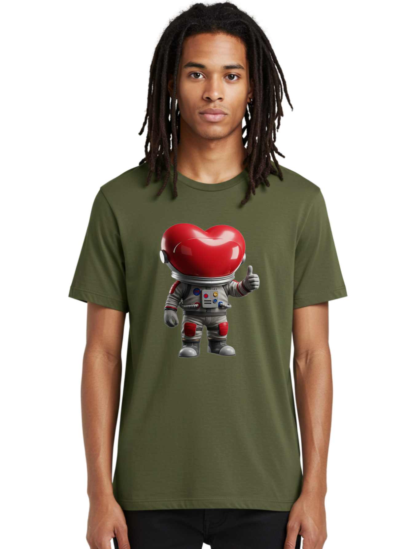Astronaut-Heart Men'S Graphic Tee, 100% Cotton, Comfortable Casual Summer Wear, Machine Washable, Astronaut With Heart-Shaped Helmet, Thumbs Up Gesture, Space Suit, Futuristic Design, Red And Gray Colors, Love In Space, Positivity, Approval Bae122 16