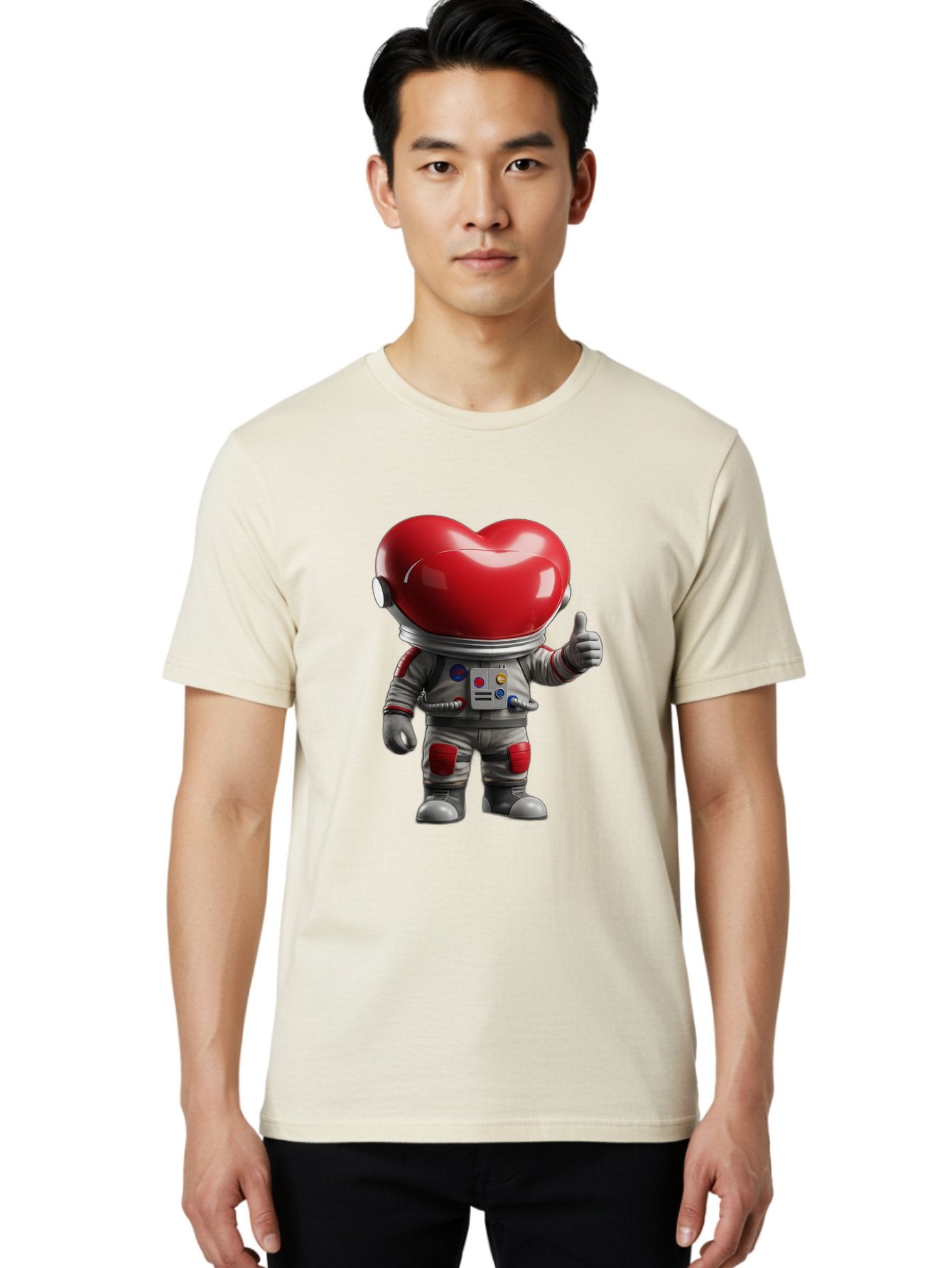 Astronaut-Heart Men'S Graphic Tee, 100% Cotton, Comfortable Casual Summer Wear, Machine Washable, Astronaut With Heart-Shaped Helmet, Thumbs Up Gesture, Space Suit, Futuristic Design, Red And Gray Colors, Love In Space, Positivity, Approval Bae122 29