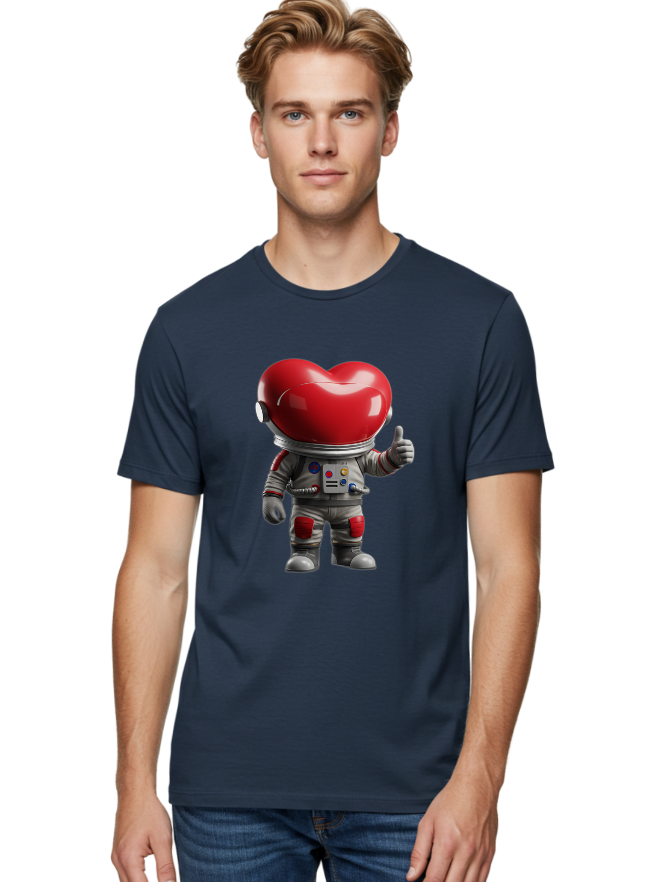 Astronaut-Heart Men'S Graphic Tee, 100% Cotton, Comfortable Casual Summer Wear, Machine Washable, Astronaut With Heart-Shaped Helmet, Thumbs Up Gesture, Space Suit, Futuristic Design, Red And Gray Colors, Love In Space, Positivity, Approval Bae122 20