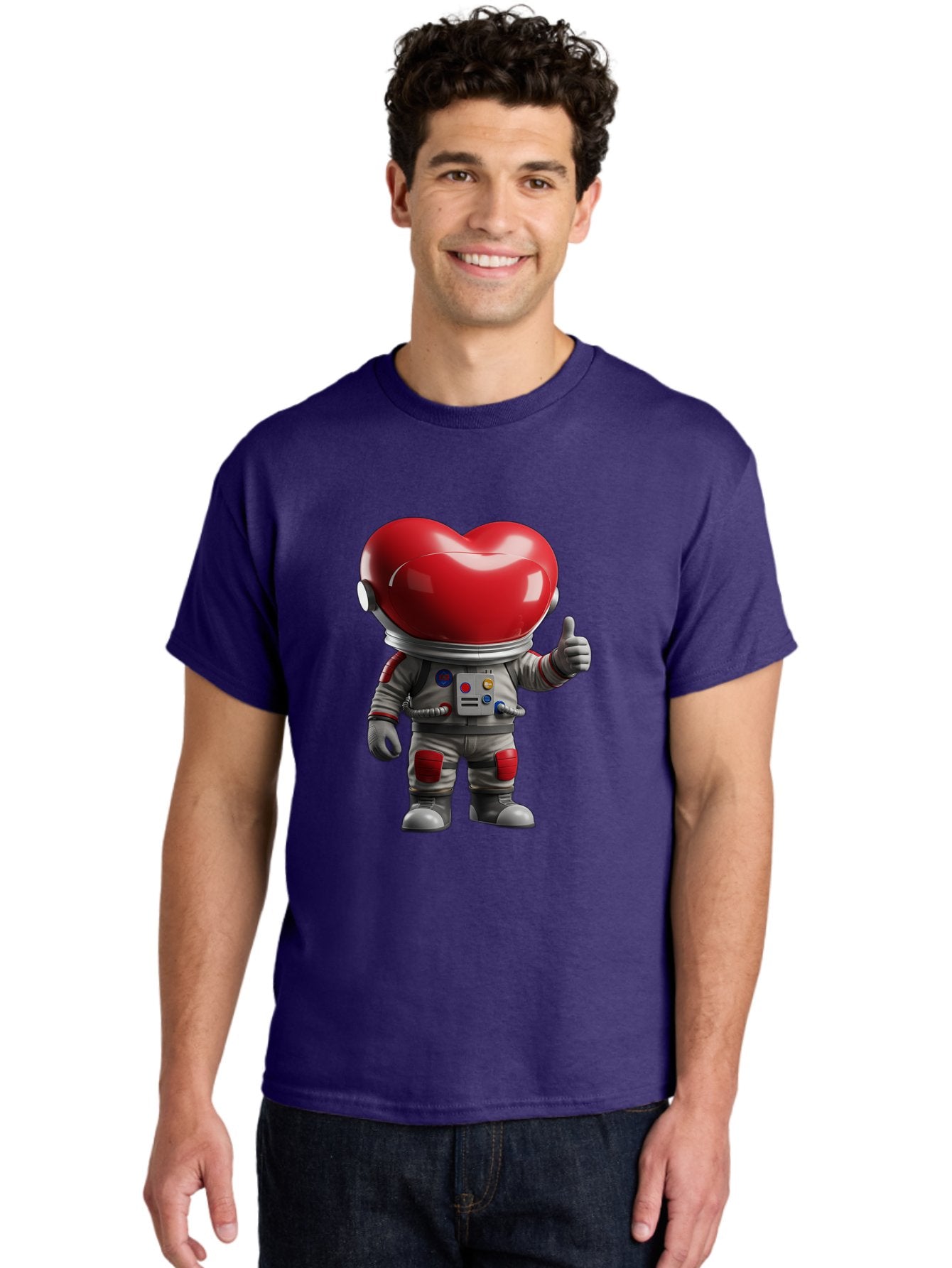 Astronaut-Heart Men'S Graphic Tee, 100% Cotton, Comfortable Casual Summer Wear, Machine Washable, Astronaut With Heart-Shaped Helmet, Thumbs Up Gesture, Space Suit, Futuristic Design, Red And Gray Colors, Love In Space, Positivity, Approval Bae122 19