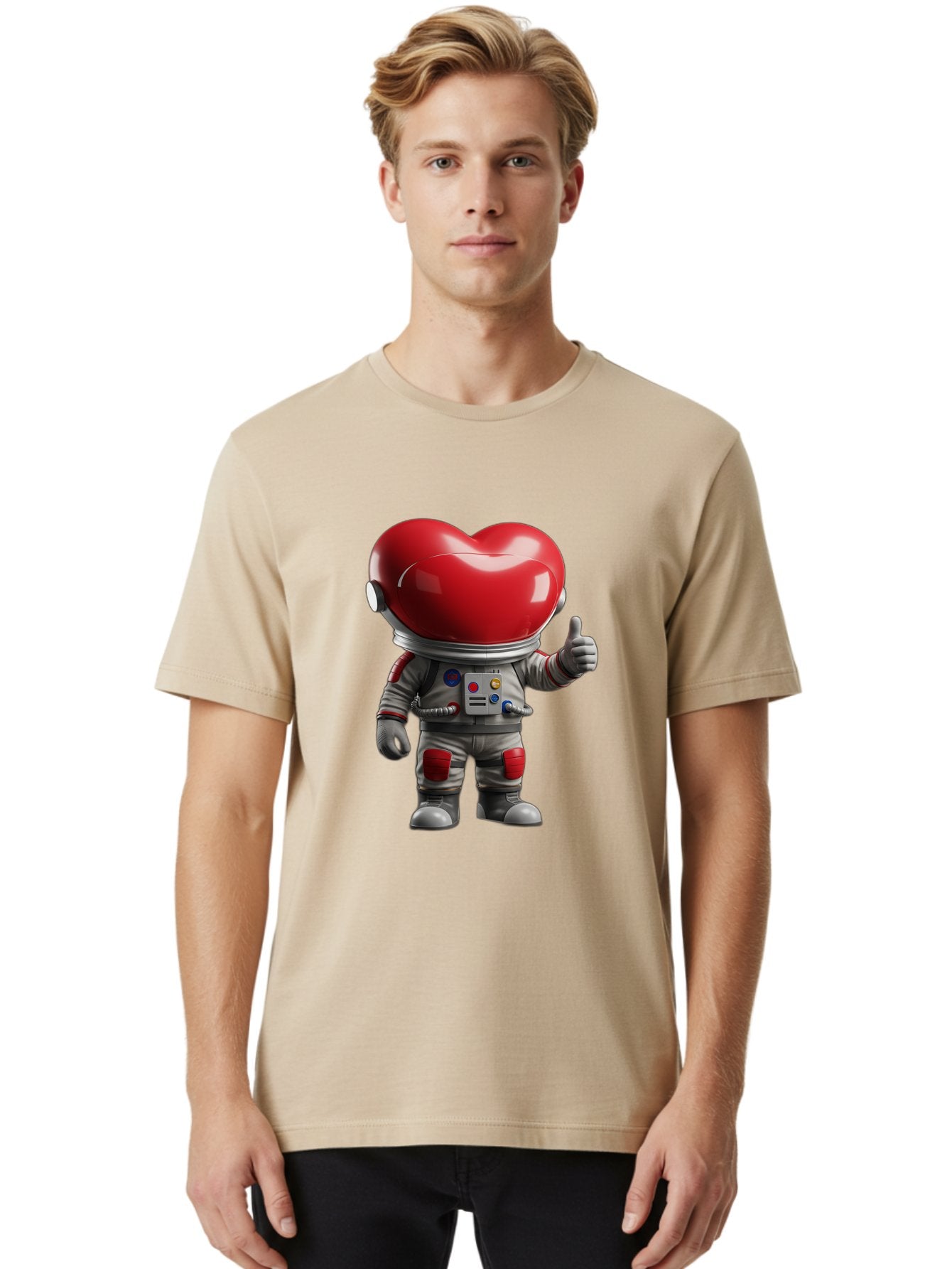 Astronaut-Heart Men'S Graphic Tee, 100% Cotton, Comfortable Casual Summer Wear, Machine Washable, Astronaut With Heart-Shaped Helmet, Thumbs Up Gesture, Space Suit, Futuristic Design, Red And Gray Colors, Love In Space, Positivity, Approval Bae122 23
