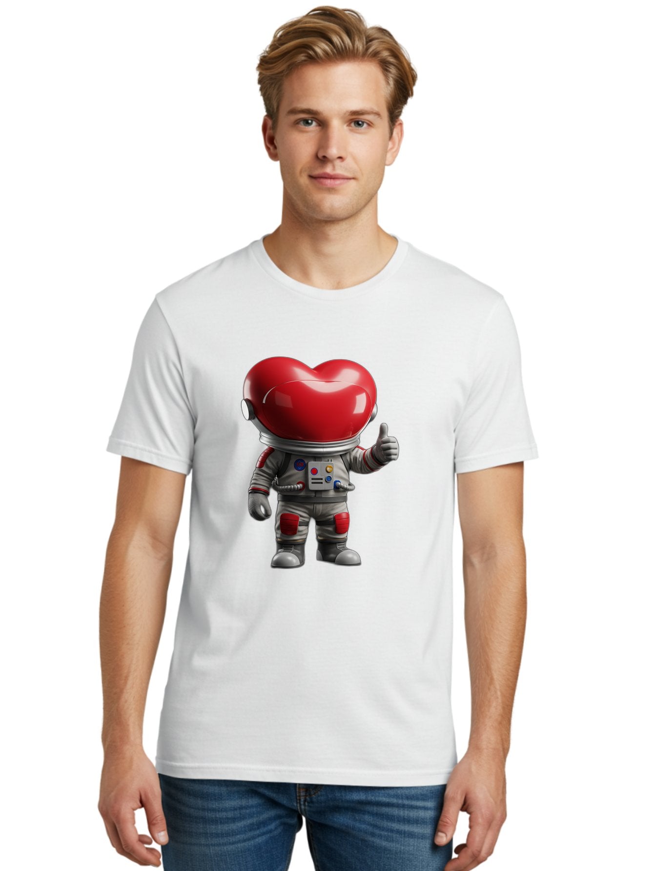 Astronaut-Heart Men'S Graphic Tee, 100% Cotton, Comfortable Casual Summer Wear, Machine Washable, Astronaut With Heart-Shaped Helmet, Thumbs Up Gesture, Space Suit, Futuristic Design, Red And Gray Colors, Love In Space, Positivity, Approval Bae122 18