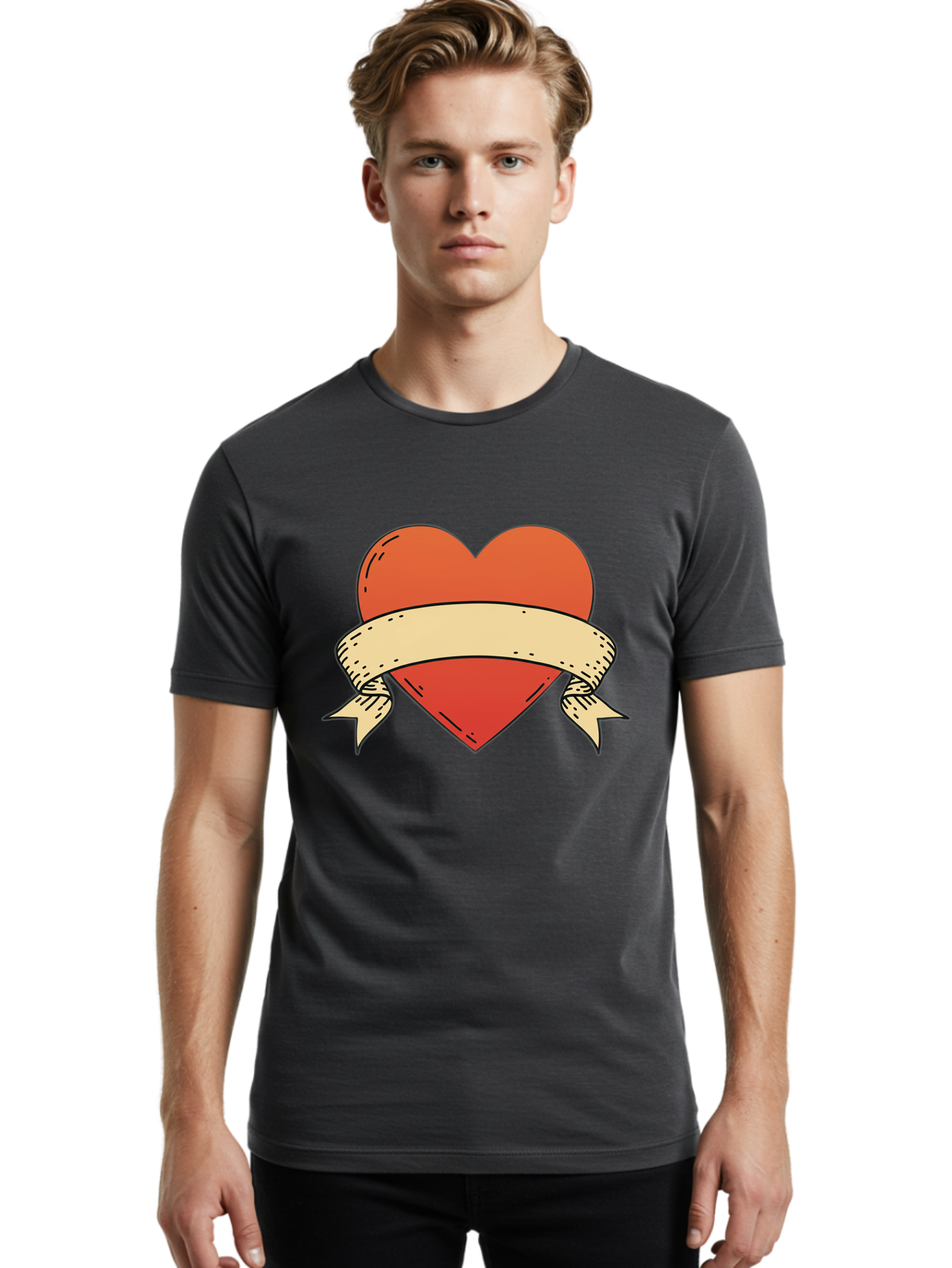 Banner-Heart Men'S Graphic Tee, 100% Cotton, Comfortable Casual Summer Wear, Machine Washable, Red Heart, Banner Wrapped, Tattoo Art, Cartoon Style, Heart Symbol, Ribbon Design, Classic Illustration, Love Emblem Bae124 16