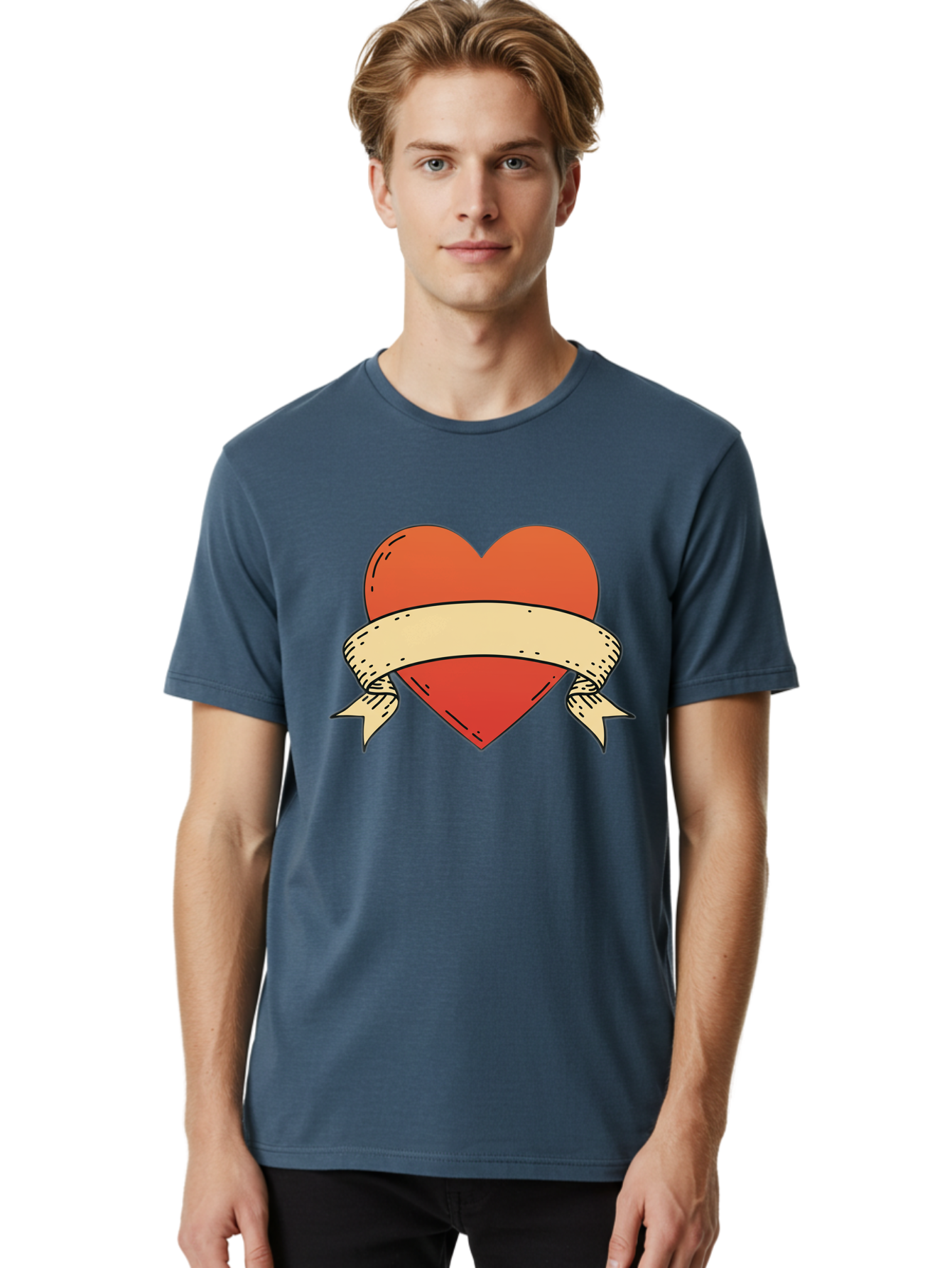 Banner-Heart Men'S Graphic Tee, 100% Cotton, Comfortable Casual Summer Wear, Machine Washable, Red Heart, Banner Wrapped, Tattoo Art, Cartoon Style, Heart Symbol, Ribbon Design, Classic Illustration, Love Emblem Bae124 18