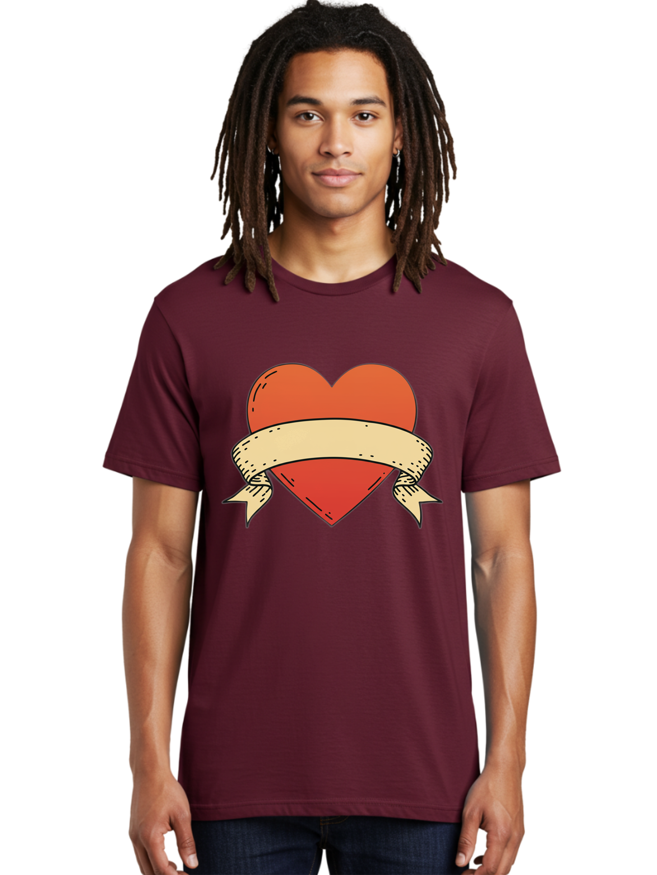 Banner-Heart Men'S Graphic Tee, 100% Cotton, Comfortable Casual Summer Wear, Machine Washable, Red Heart, Banner Wrapped, Tattoo Art, Cartoon Style, Heart Symbol, Ribbon Design, Classic Illustration, Love Emblem Bae124 27