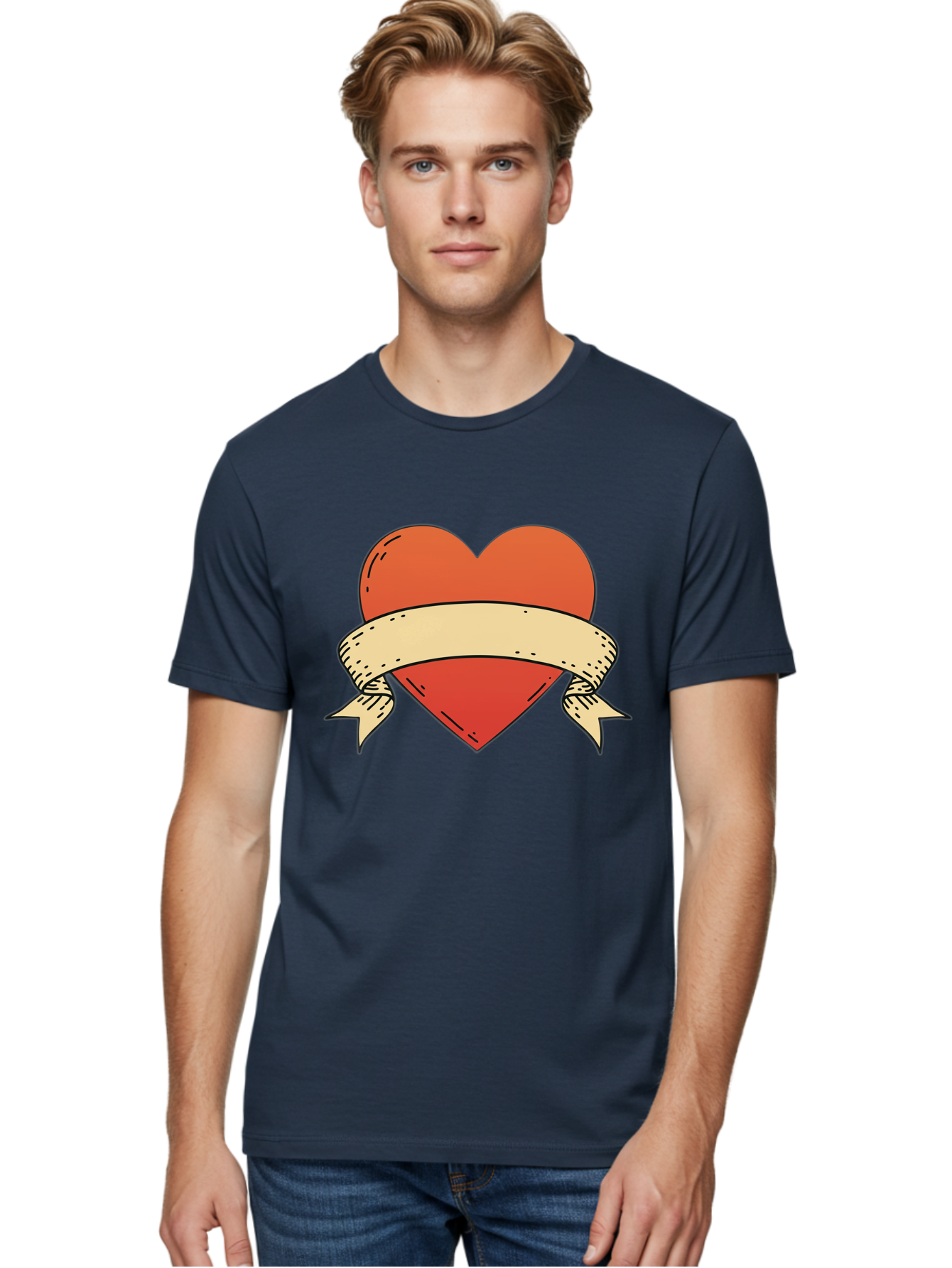 Banner-Heart Men'S Graphic Tee, 100% Cotton, Comfortable Casual Summer Wear, Machine Washable, Red Heart, Banner Wrapped, Tattoo Art, Cartoon Style, Heart Symbol, Ribbon Design, Classic Illustration, Love Emblem Bae124 19