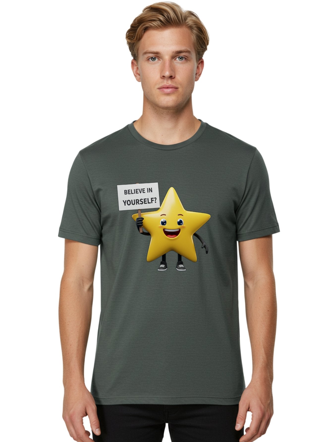 Believe-In-Yourself-1 Men'S Graphic Tee, 100% Cotton, Comfortable Casual Summer Wear, Machine Washable, Motivational Star, Believe In Yourself, Inspirational Quote, Positive Message, Cartoon Character, Happy Emotions, Confidence Booster, Bae126 25