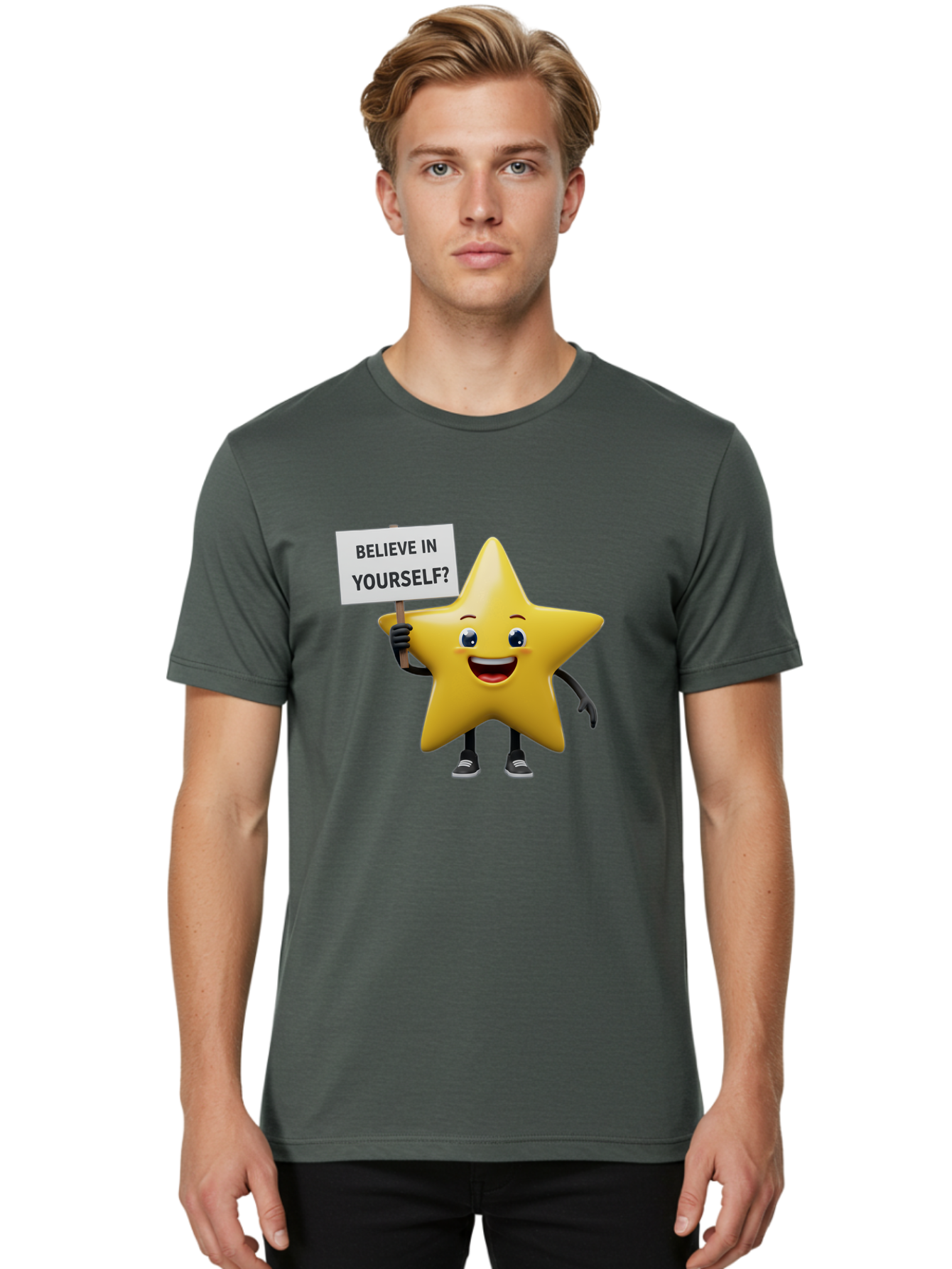 Believe-In-Yourself-1 Men'S Graphic Tee, 100% Cotton, Comfortable Casual Summer Wear, Machine Washable, Motivational Star, Believe In Yourself, Inspirational Quote, Positive Message, Cartoon Character, Happy Emotions, Confidence Booster, Bae126 21