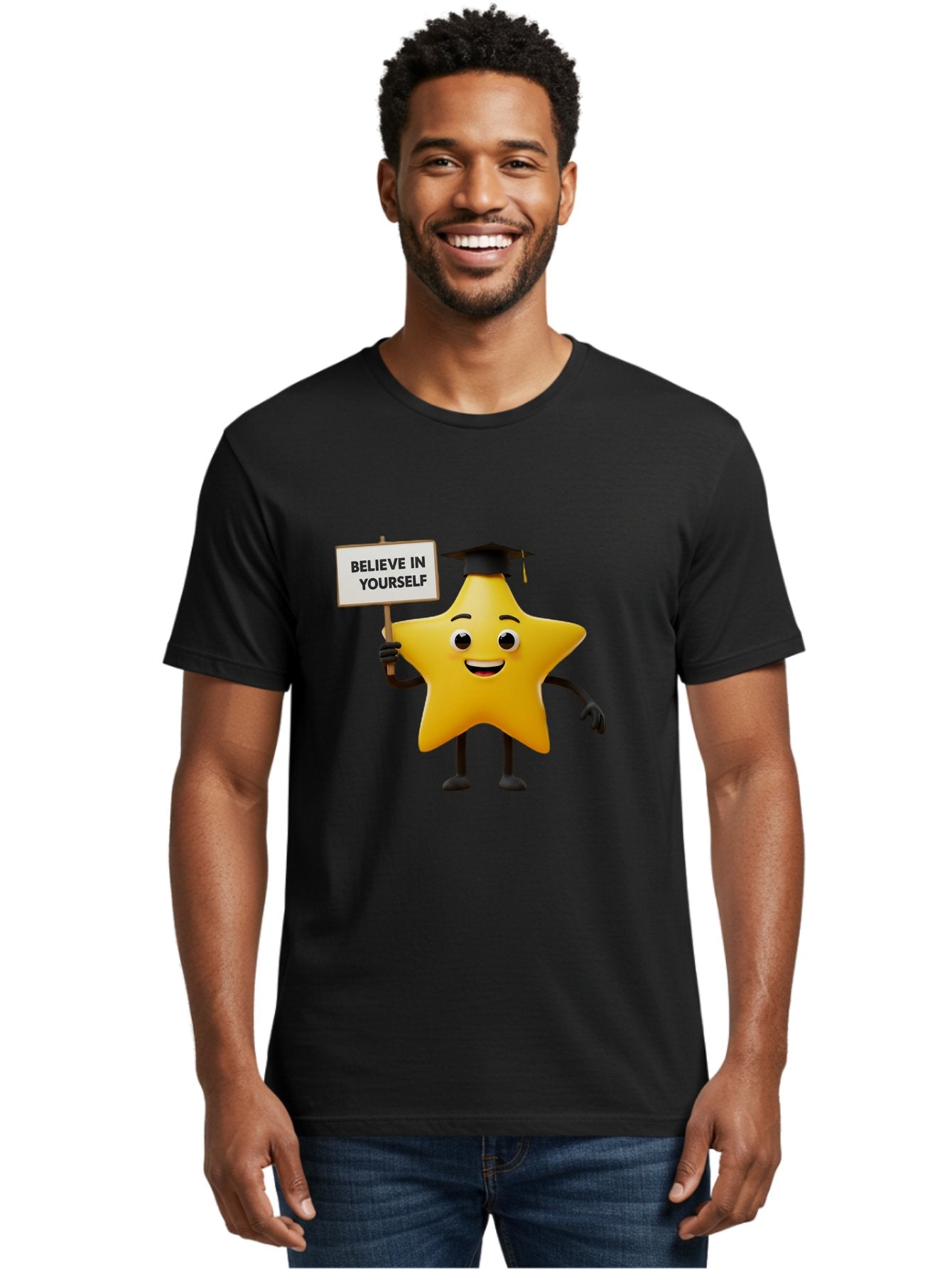 Believe-In-Yourself-10 Men'S Graphic Tee, 100% Cotton, Comfortable Casual Summer Wear, Machine Washable, Motivational Star, Inspirational Quote, Graduation Cap, Self-Confidence, Positivity, Encouragement, Yellow Star Character, Bae127 22