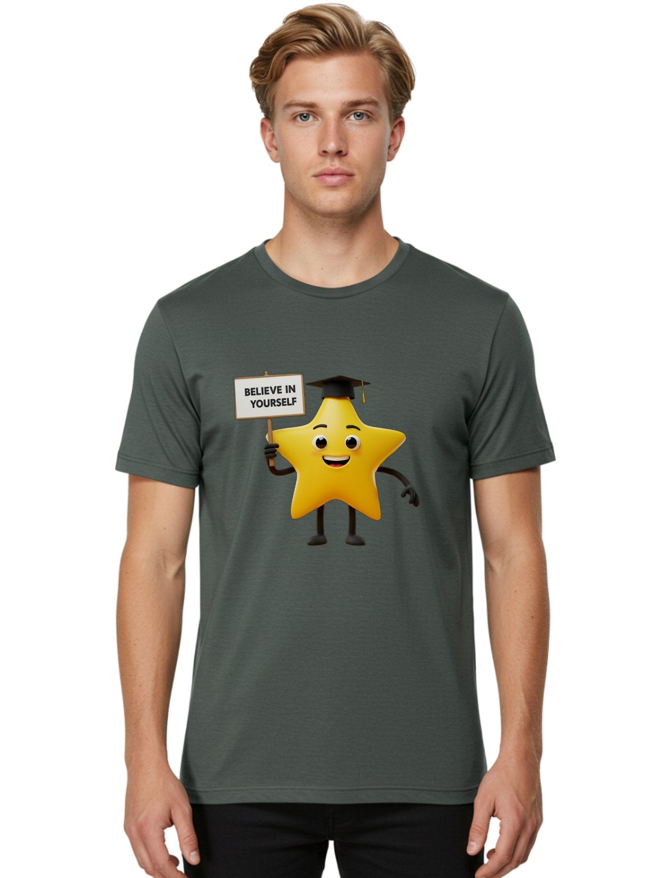 Believe-In-Yourself-10 Men'S Graphic Tee, 100% Cotton, Comfortable Casual Summer Wear, Machine Washable, Motivational Star, Inspirational Quote, Graduation Cap, Self-Confidence, Positivity, Encouragement, Yellow Star Character, Bae127 27