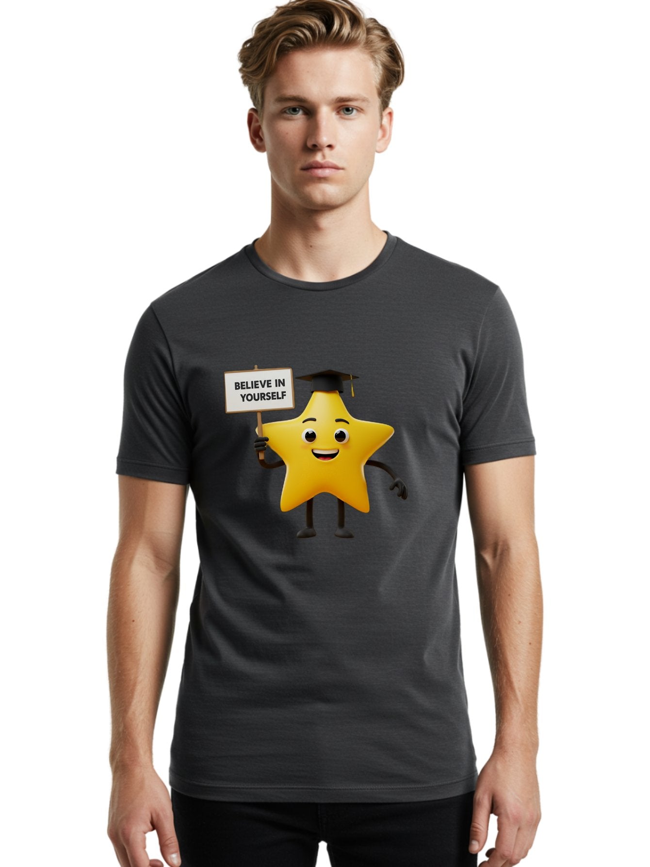 Believe-In-Yourself-10 Men'S Graphic Tee, 100% Cotton, Comfortable Casual Summer Wear, Machine Washable, Motivational Star, Inspirational Quote, Graduation Cap, Self-Confidence, Positivity, Encouragement, Yellow Star Character, Bae127 21