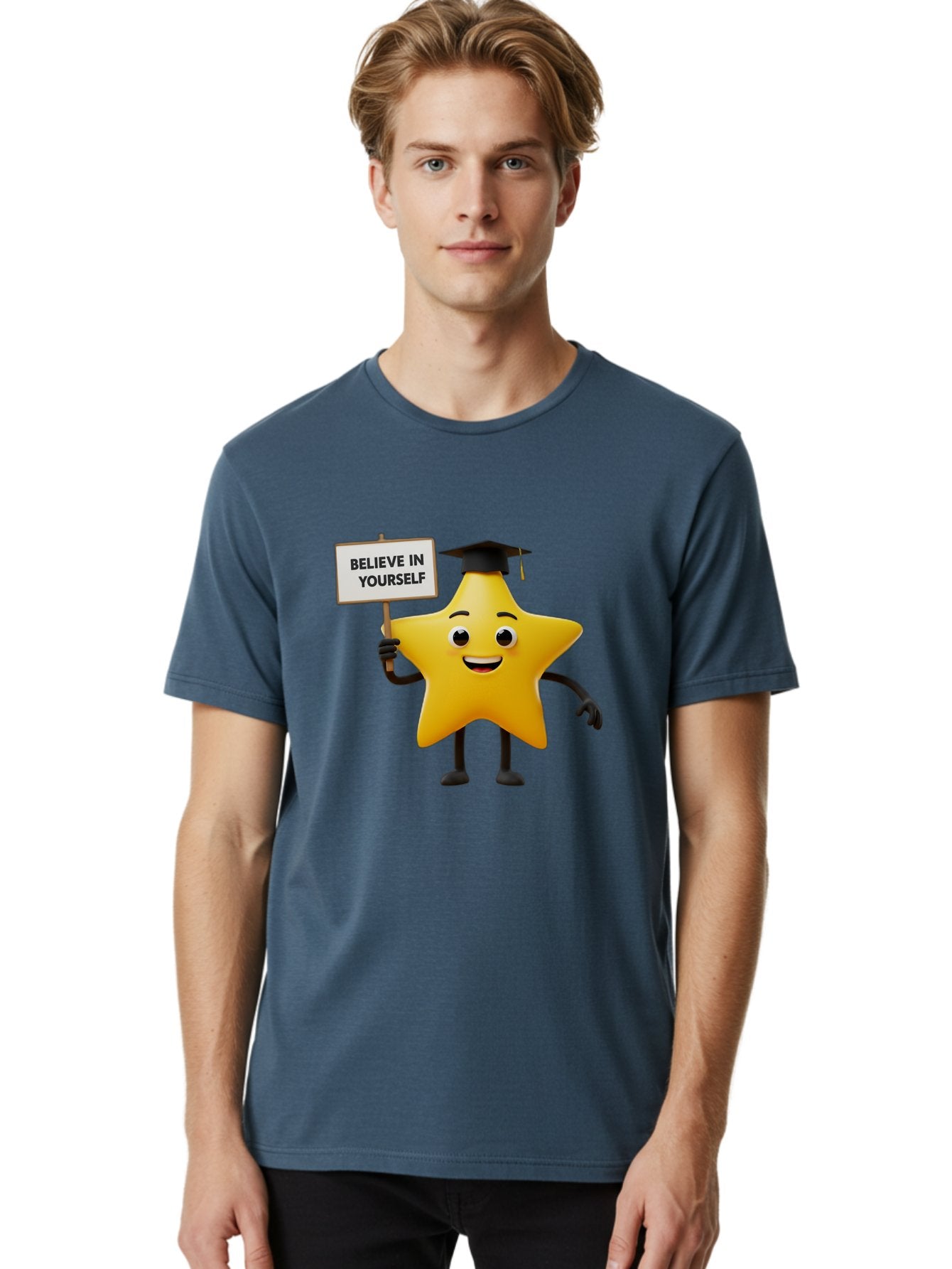 Believe-In-Yourself-10 Men'S Graphic Tee, 100% Cotton, Comfortable Casual Summer Wear, Machine Washable, Motivational Star, Inspirational Quote, Graduation Cap, Self-Confidence, Positivity, Encouragement, Yellow Star Character, Bae127 30