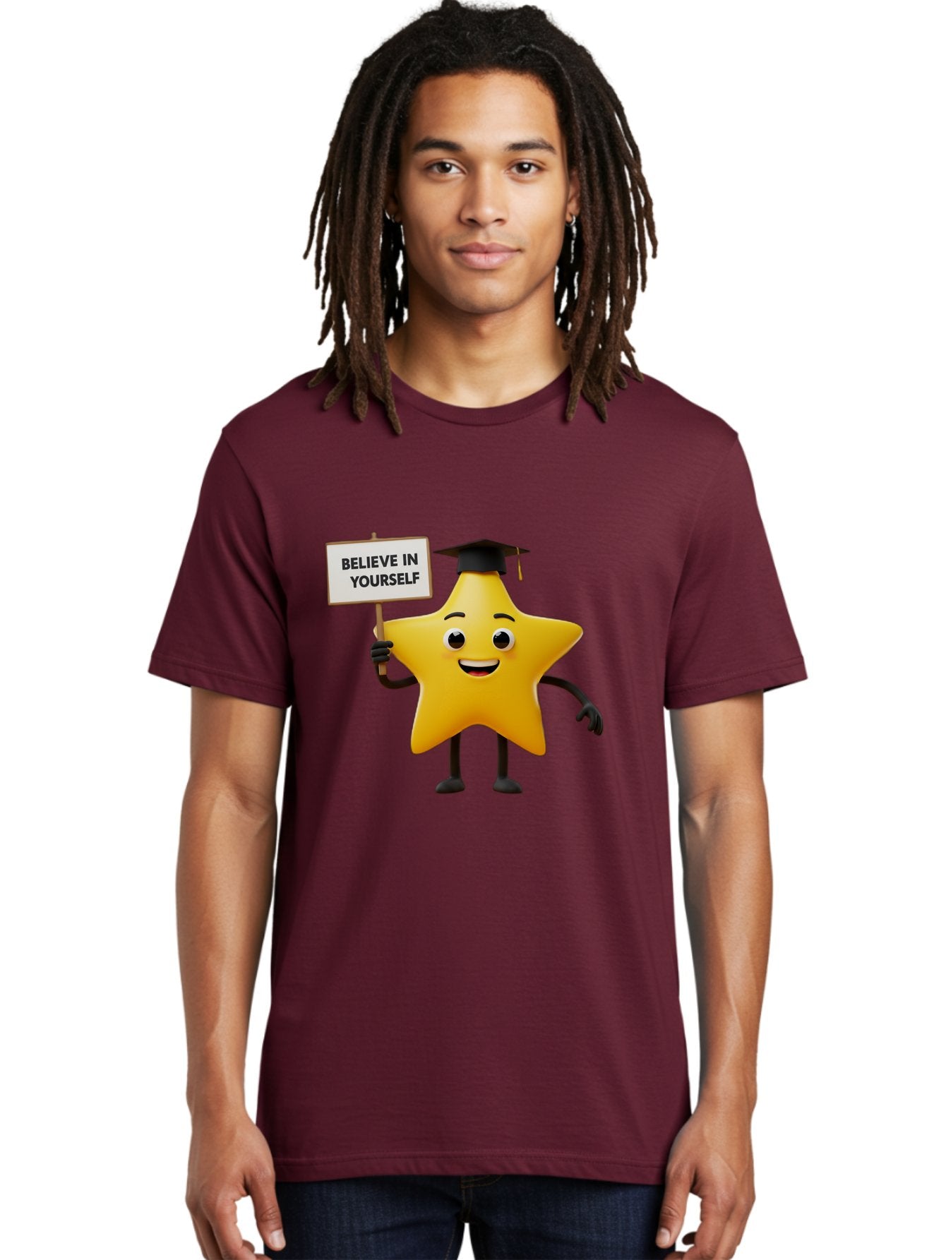 Believe-In-Yourself-10 Men'S Graphic Tee, 100% Cotton, Comfortable Casual Summer Wear, Machine Washable, Motivational Star, Inspirational Quote, Graduation Cap, Self-Confidence, Positivity, Encouragement, Yellow Star Character, Bae127 23