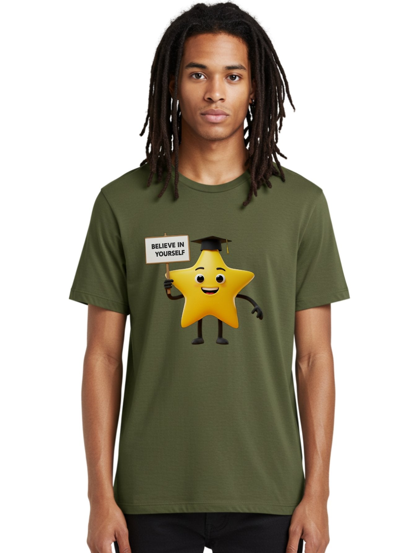 Believe-In-Yourself-10 Men'S Graphic Tee, 100% Cotton, Comfortable Casual Summer Wear, Machine Washable, Motivational Star, Inspirational Quote, Graduation Cap, Self-Confidence, Positivity, Encouragement, Yellow Star Character, Bae127 25
