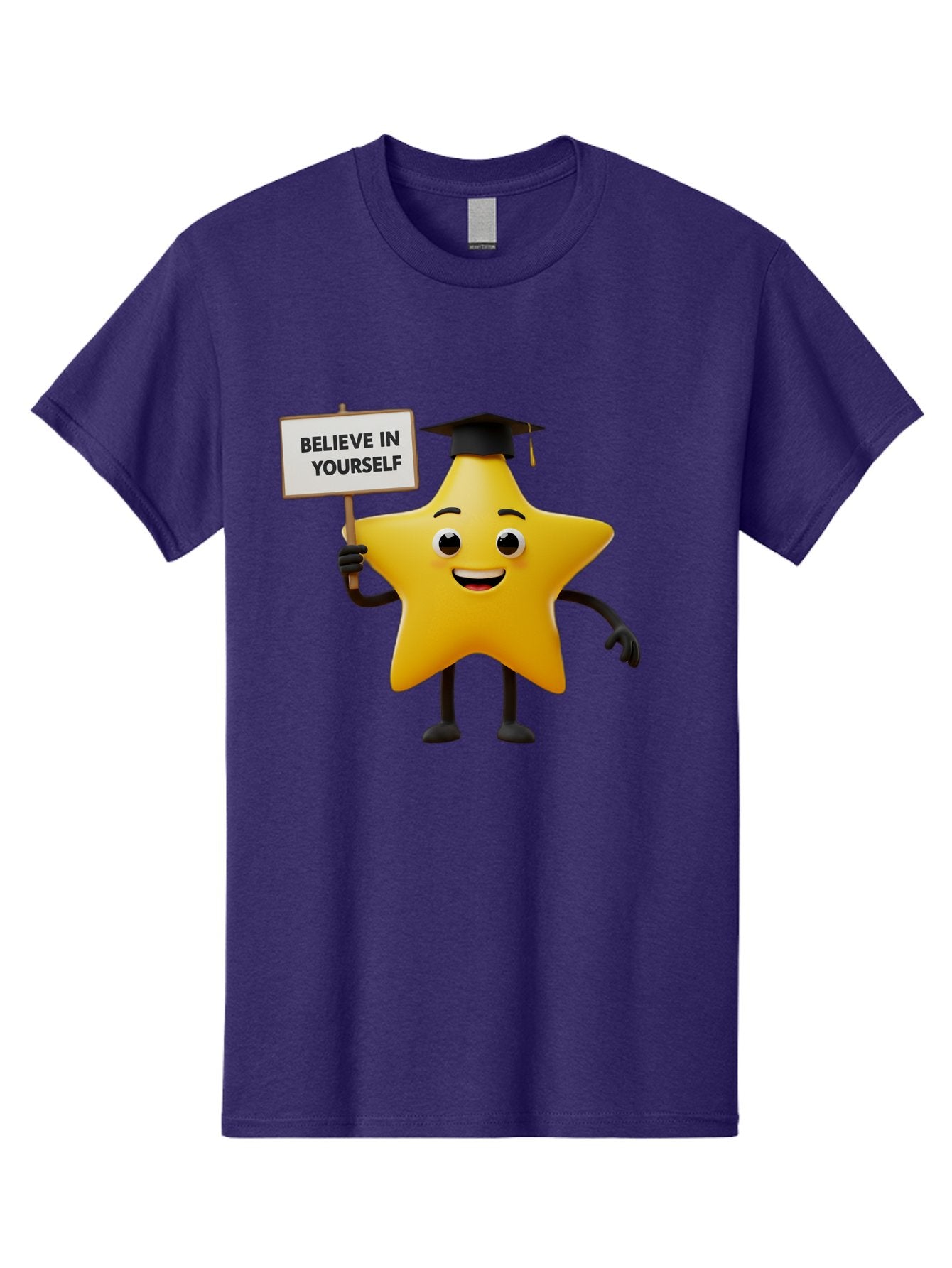 Believe-In-Yourself-10 Men'S Graphic Tee, 100% Cotton, Comfortable Casual Summer Wear, Machine Washable, Motivational Star, Inspirational Quote, Graduation Cap, Self-Confidence, Positivity, Encouragement, Yellow Star Character, Bae127