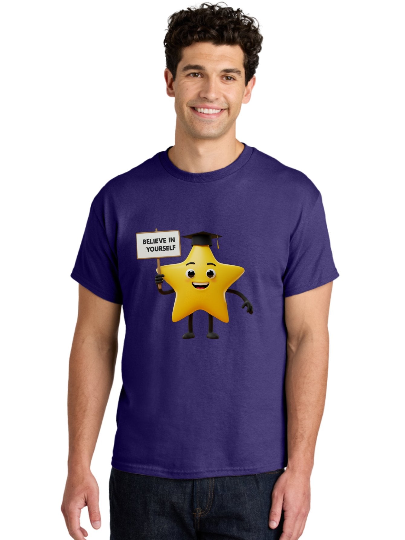 Believe-In-Yourself-10 Men'S Graphic Tee, 100% Cotton, Comfortable Casual Summer Wear, Machine Washable, Motivational Star, Inspirational Quote, Graduation Cap, Self-Confidence, Positivity, Encouragement, Yellow Star Character, Bae127 19