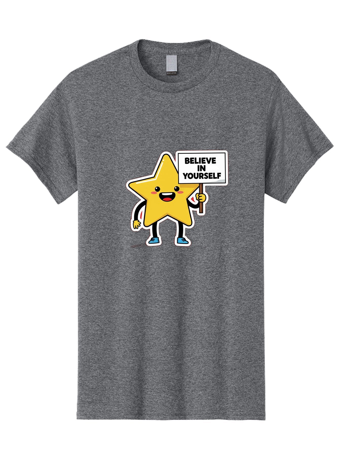 Believe-In-Yourself-2 Men'S Graphic Tee, 100% Cotton, Comfortable Casual Summer Wear, Machine Washable, Motivational Star, Positive Affirmation, Inspiring Cartoon Character, Confidence Booster, Self-Empowerment Message, Yellow Star Character, Bae128