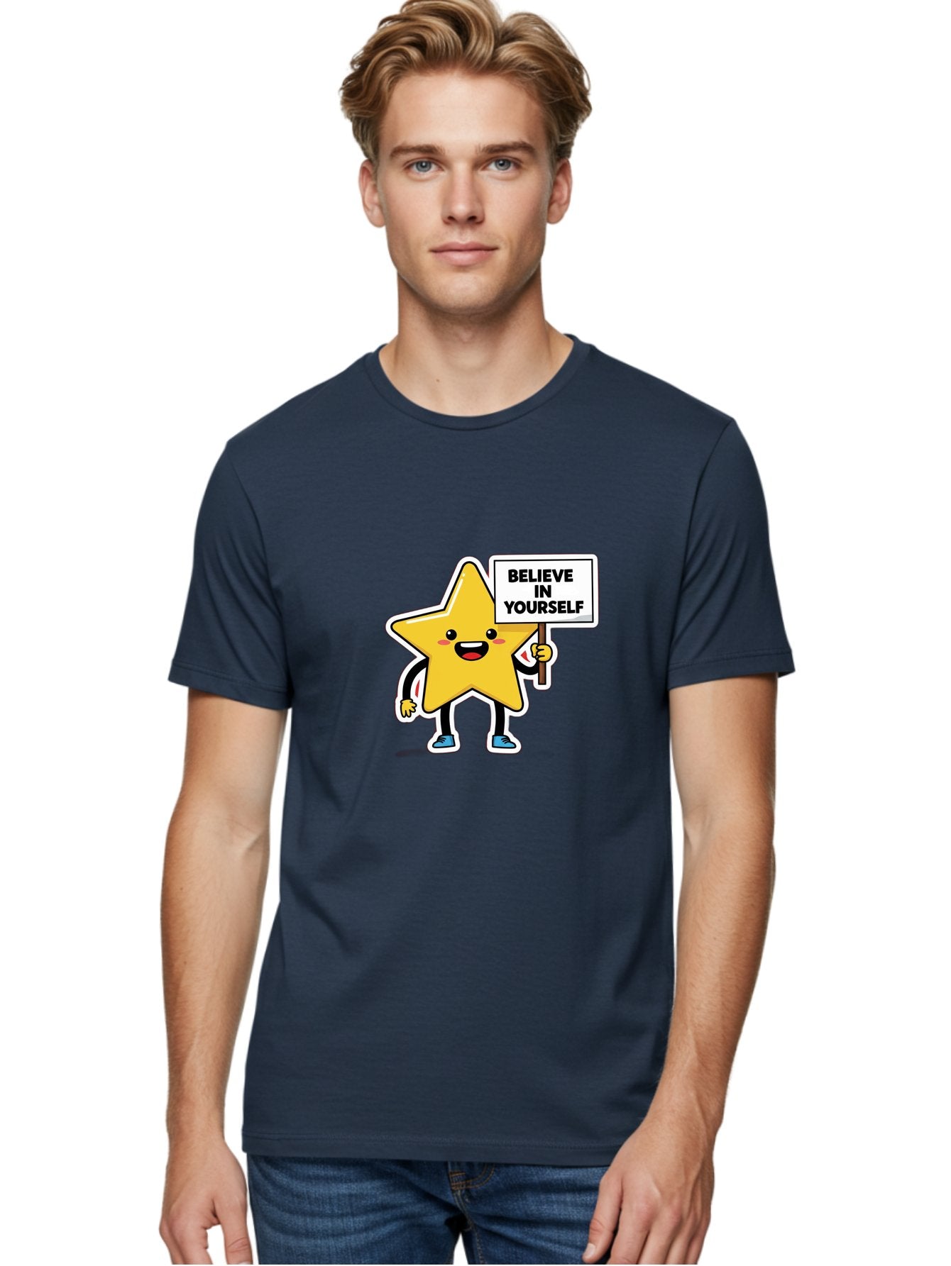 Believe-In-Yourself-2 Men'S Graphic Tee, 100% Cotton, Comfortable Casual Summer Wear, Machine Washable, Motivational Star, Positive Affirmation, Inspiring Cartoon Character, Confidence Booster, Self-Empowerment Message, Yellow Star Character, Bae128 18