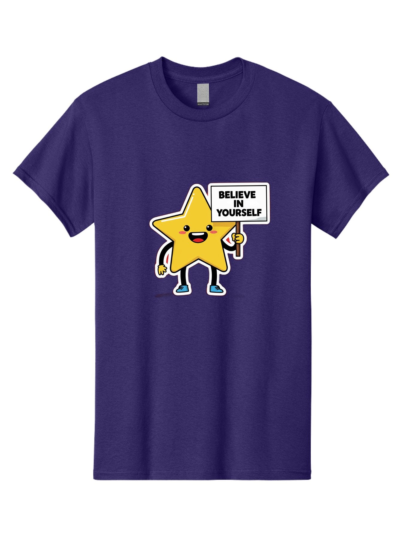 Believe-In-Yourself-2 Men'S Graphic Tee, 100% Cotton, Comfortable Casual Summer Wear, Machine Washable, Motivational Star, Positive Affirmation, Inspiring Cartoon Character, Confidence Booster, Self-Empowerment Message, Yellow Star Character, Bae128