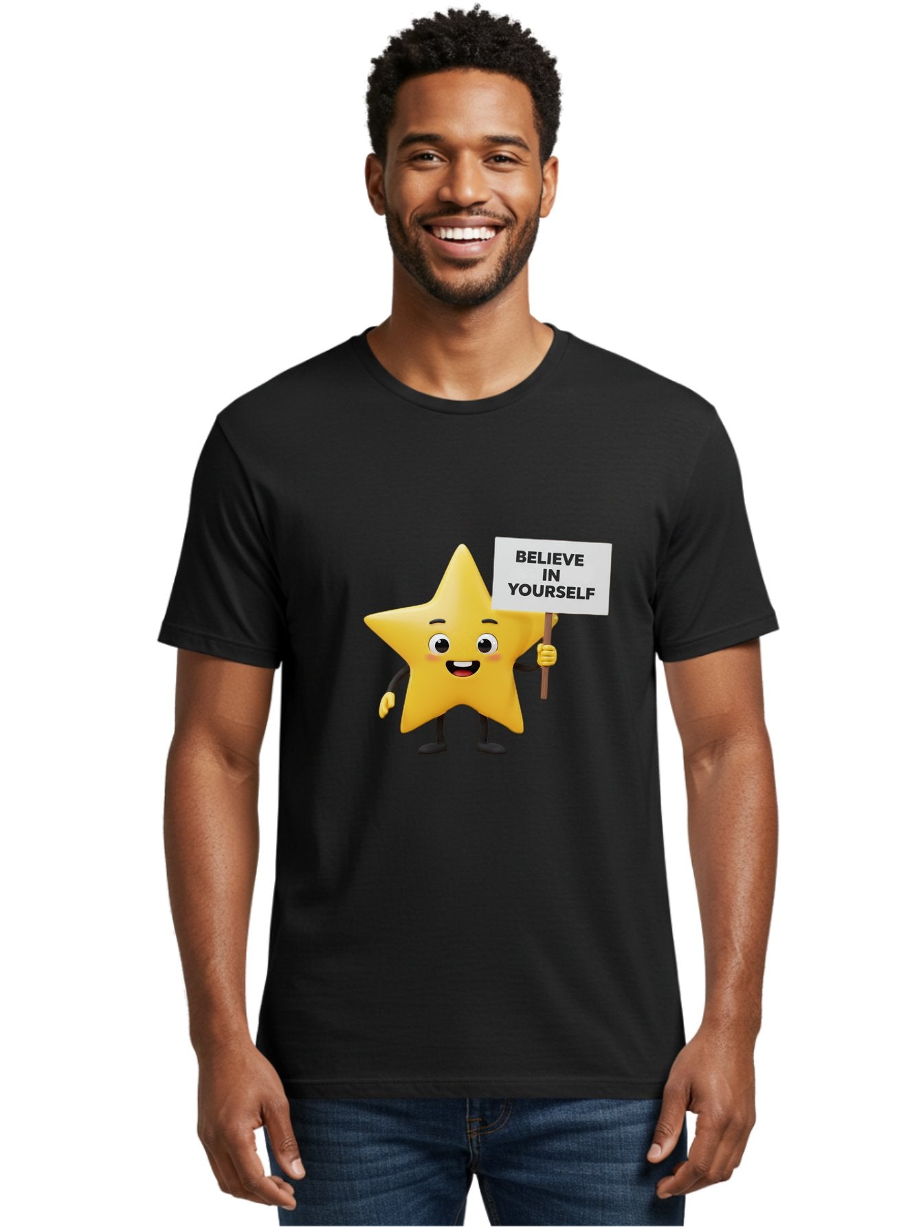 Believe-In-Yourself-3 Men'S Graphic Tee, 100% Cotton, Comfortable Casual Summer Wear, Machine Washable, Motivational Star Character, Believe In Yourself Sign, Positivity, Encouragement, Confidence Booster, Inspirational Quote, Bae129 29