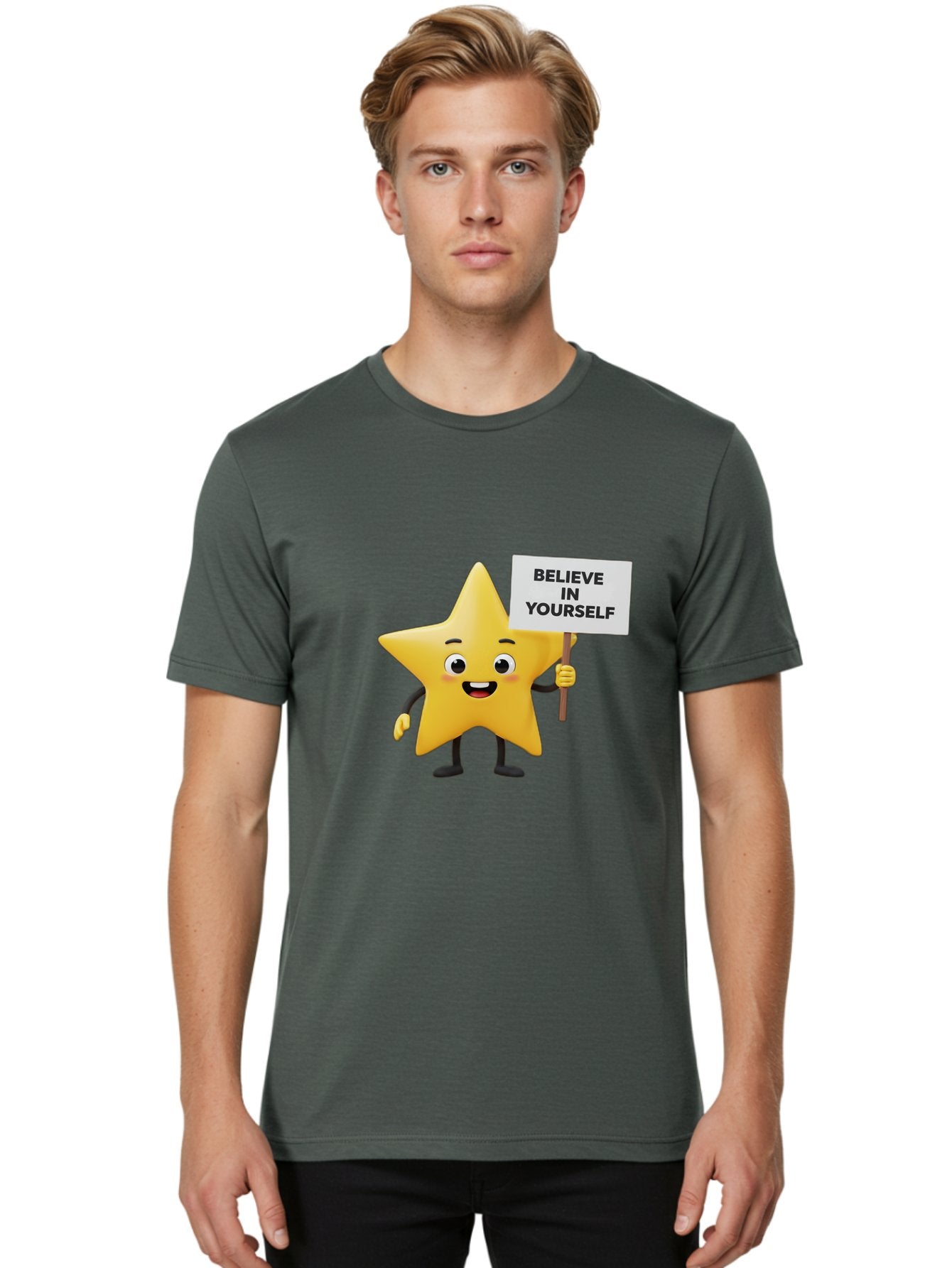 Believe-In-Yourself-3 Men'S Graphic Tee, 100% Cotton, Comfortable Casual Summer Wear, Machine Washable, Motivational Star Character, Believe In Yourself Sign, Positivity, Encouragement, Confidence Booster, Inspirational Quote, Bae129 24