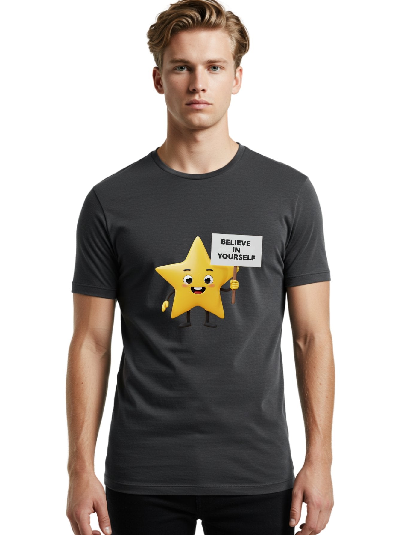 Believe-In-Yourself-3 Men'S Graphic Tee, 100% Cotton, Comfortable Casual Summer Wear, Machine Washable, Motivational Star Character, Believe In Yourself Sign, Positivity, Encouragement, Confidence Booster, Inspirational Quote, Bae129 22