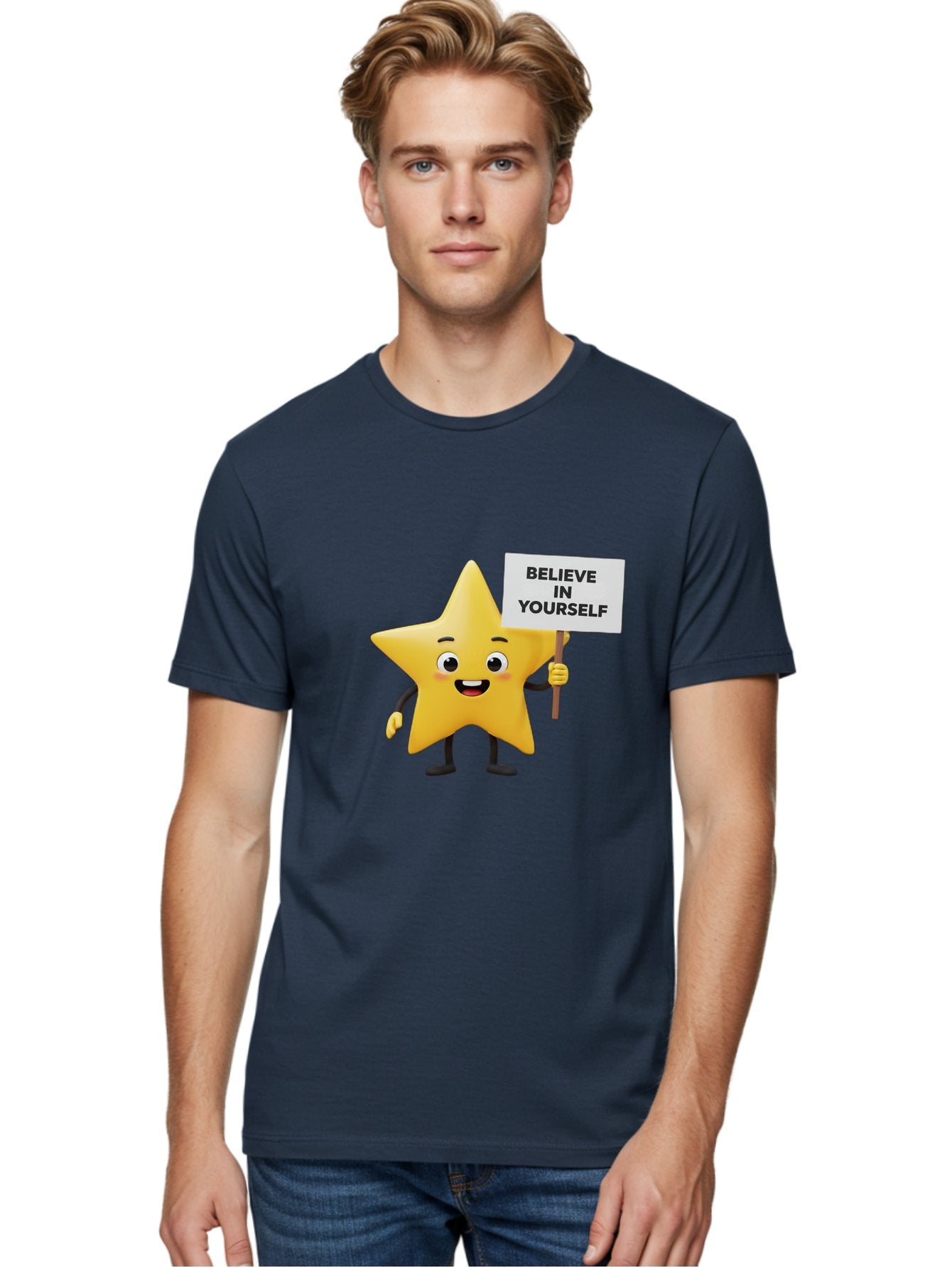 Believe-In-Yourself-3 Men'S Graphic Tee, 100% Cotton, Comfortable Casual Summer Wear, Machine Washable, Motivational Star Character, Believe In Yourself Sign, Positivity, Encouragement, Confidence Booster, Inspirational Quote, Bae129 23
