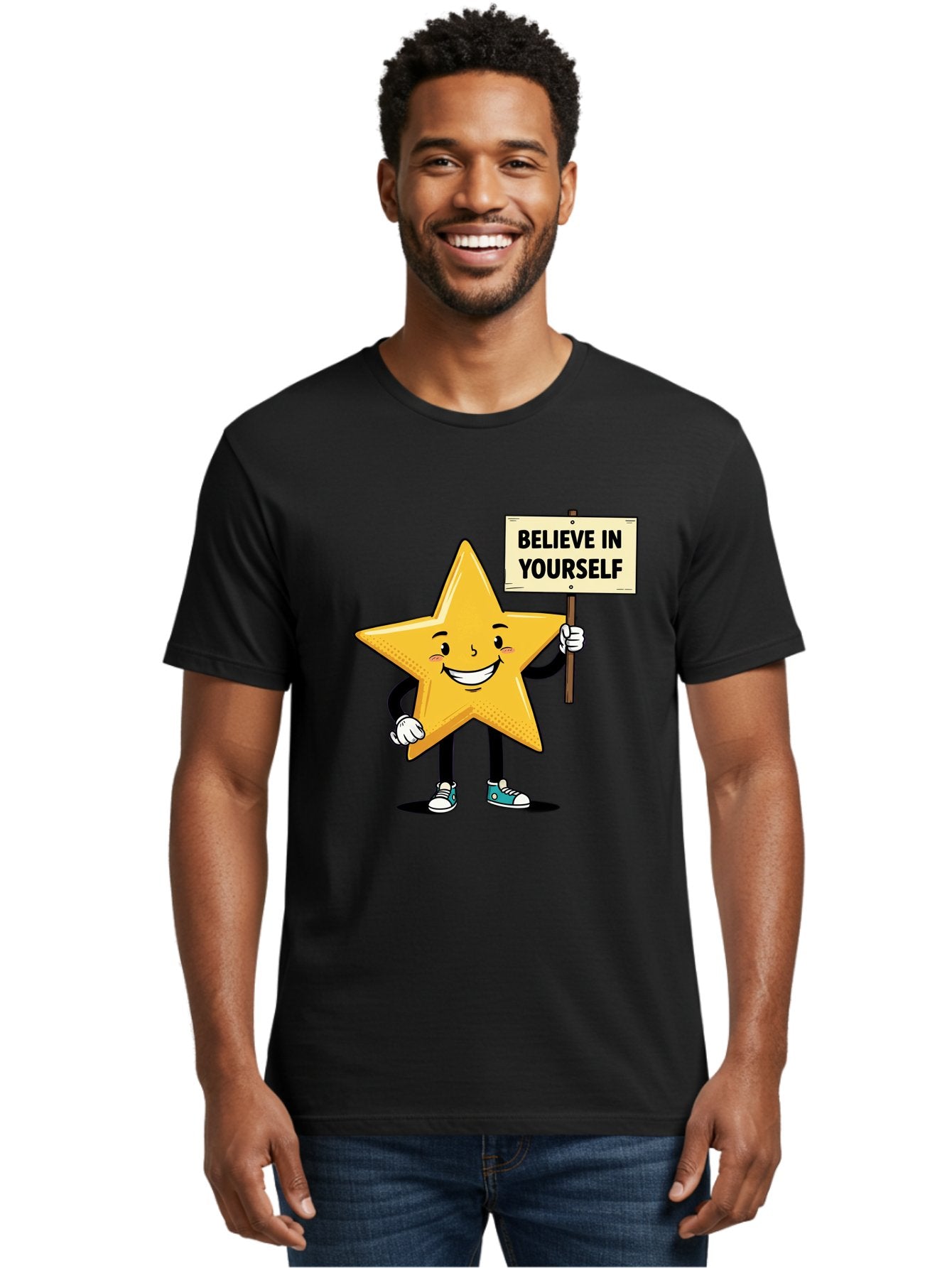 Believe-In-Yourself-4 Men'S Graphic Tee, 100% Cotton, Comfortable Casual Summer Wear, Machine Washable, Motivational Star Character, Inspirational Message, Self-Confidence Boost, Positivity, Encouragement, Smiling Star, Cartoon Character, Bae130 16