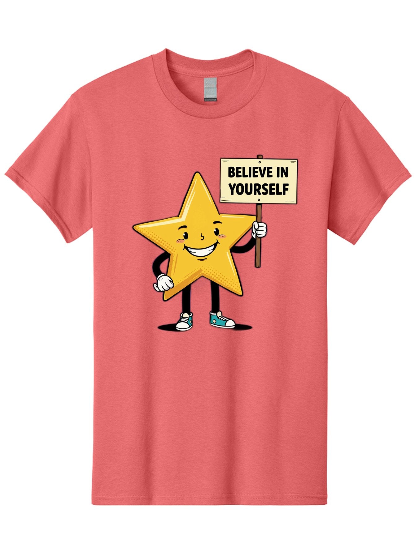 Believe-In-Yourself-4 Men'S Graphic Tee, 100% Cotton, Comfortable Casual Summer Wear, Machine Washable, Motivational Star Character, Inspirational Message, Self-Confidence Boost, Positivity, Encouragement, Smiling Star, Cartoon Character, Bae130
