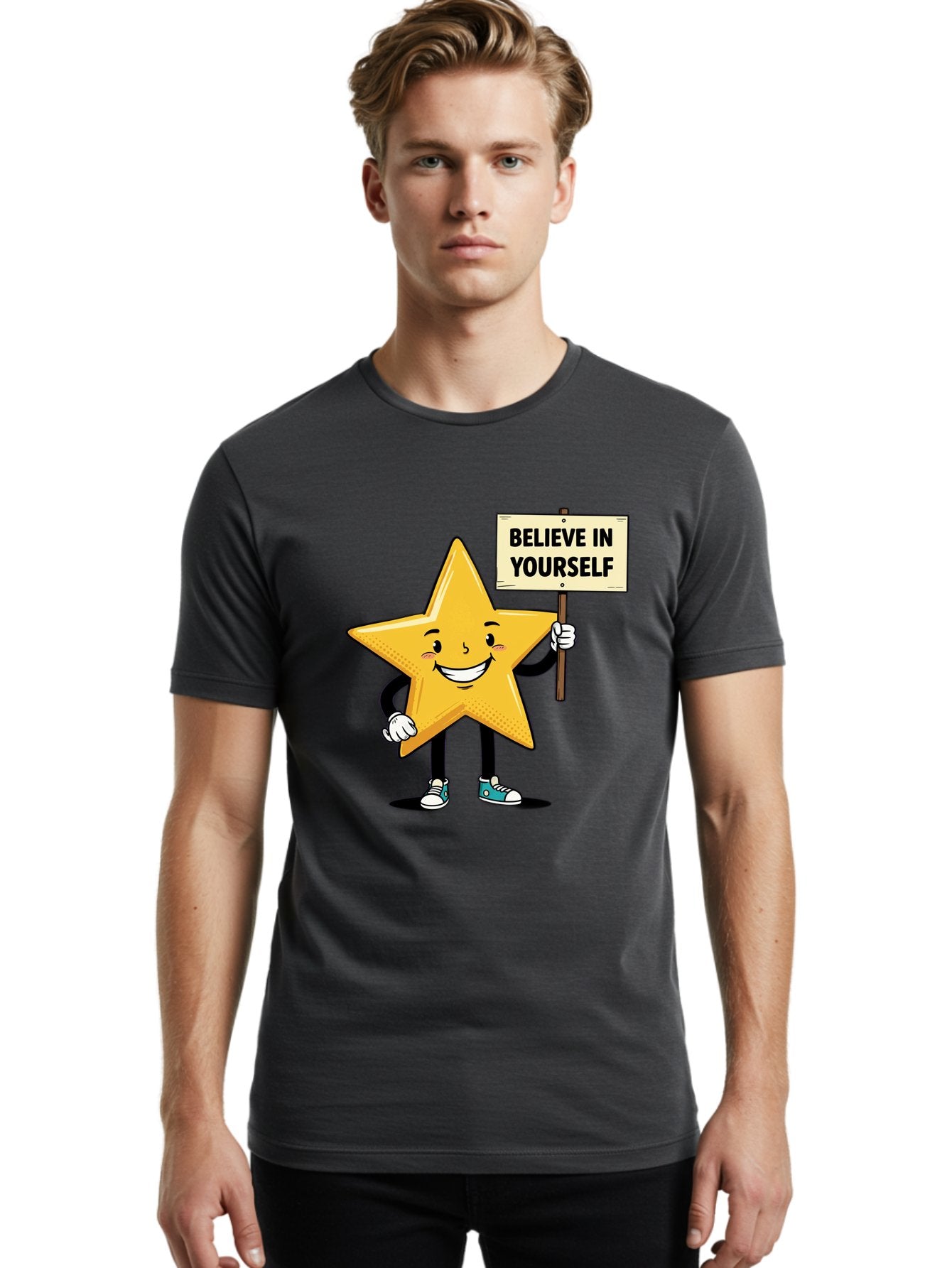 Believe-In-Yourself-4 Men'S Graphic Tee, 100% Cotton, Comfortable Casual Summer Wear, Machine Washable, Motivational Star Character, Inspirational Message, Self-Confidence Boost, Positivity, Encouragement, Smiling Star, Cartoon Character, Bae130 26