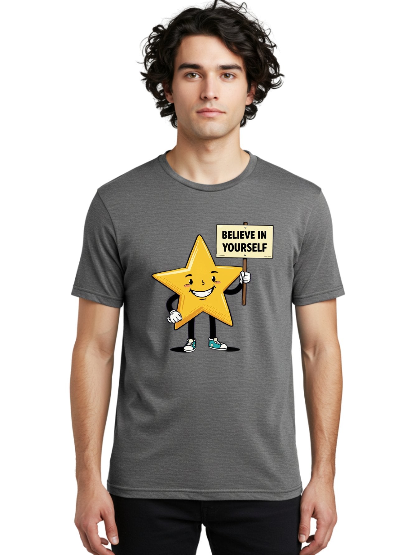 Believe-In-Yourself-4 Men'S Graphic Tee, 100% Cotton, Comfortable Casual Summer Wear, Machine Washable, Motivational Star Character, Inspirational Message, Self-Confidence Boost, Positivity, Encouragement, Smiling Star, Cartoon Character, Bae130 17