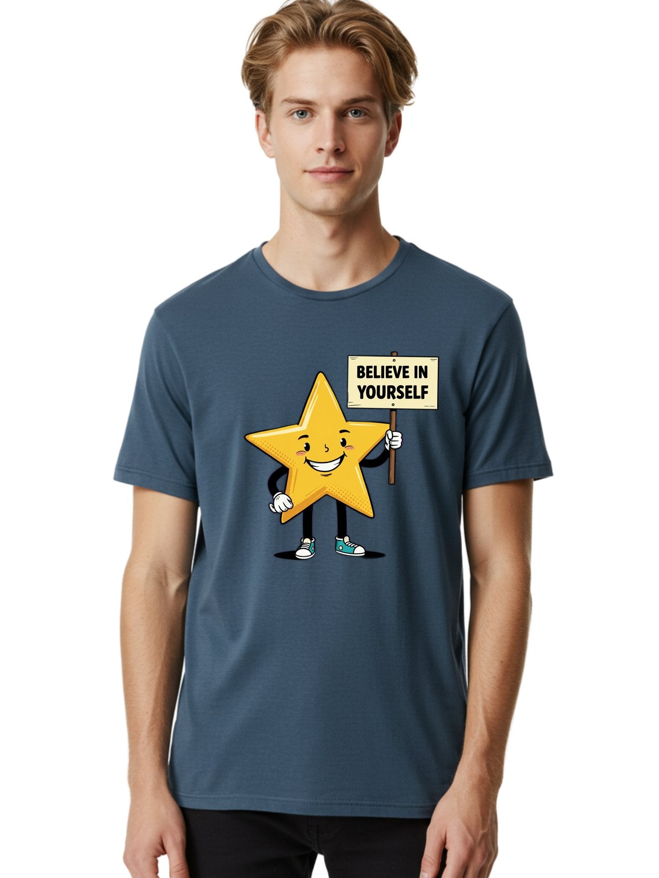 Believe-In-Yourself-4 Men'S Graphic Tee, 100% Cotton, Comfortable Casual Summer Wear, Machine Washable, Motivational Star Character, Inspirational Message, Self-Confidence Boost, Positivity, Encouragement, Smiling Star, Cartoon Character, Bae130 18