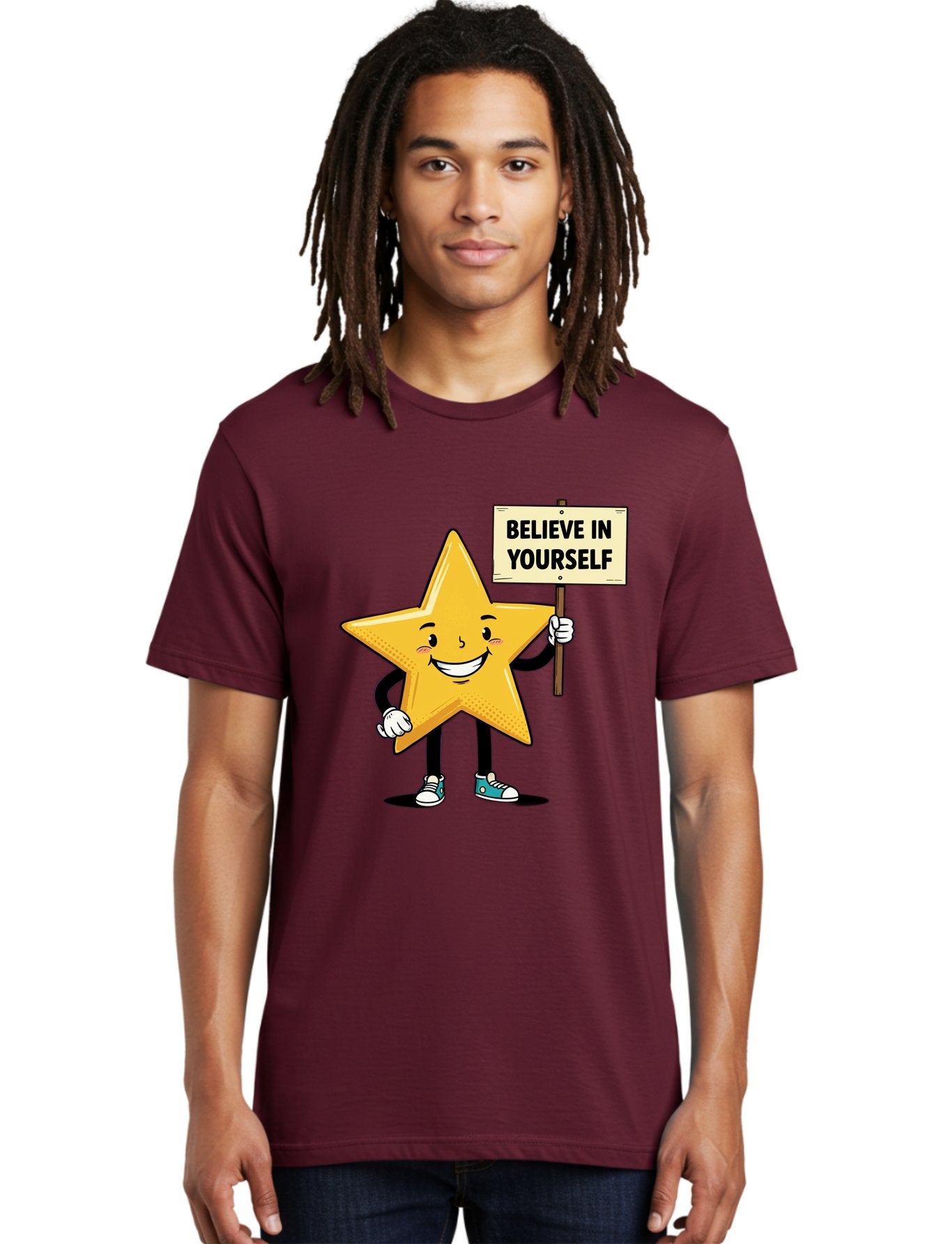 Believe-In-Yourself-4 Men'S Graphic Tee, 100% Cotton, Comfortable Casual Summer Wear, Machine Washable, Motivational Star Character, Inspirational Message, Self-Confidence Boost, Positivity, Encouragement, Smiling Star, Cartoon Character, Bae130 22