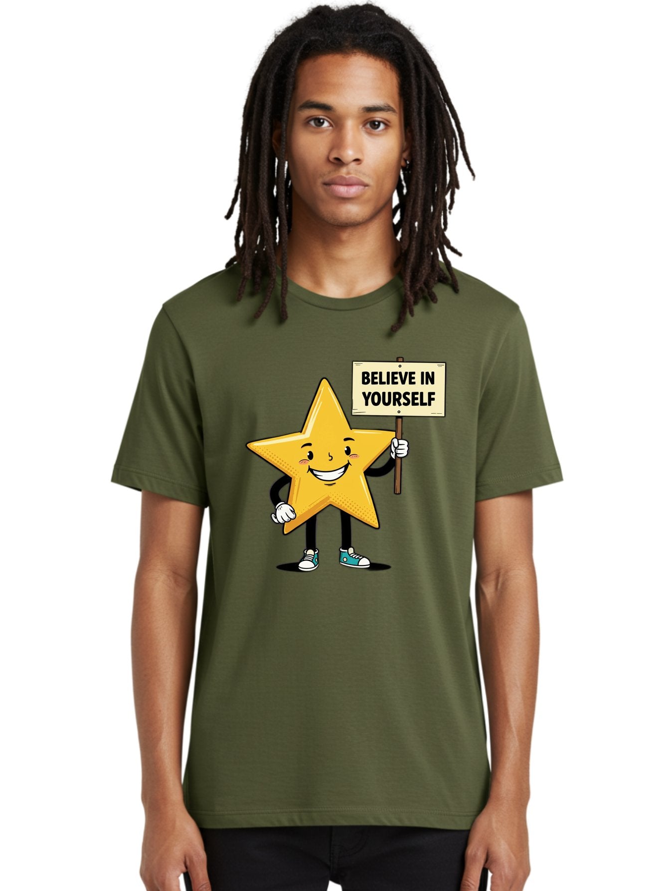Believe-In-Yourself-4 Men'S Graphic Tee, 100% Cotton, Comfortable Casual Summer Wear, Machine Washable, Motivational Star Character, Inspirational Message, Self-Confidence Boost, Positivity, Encouragement, Smiling Star, Cartoon Character, Bae130 30