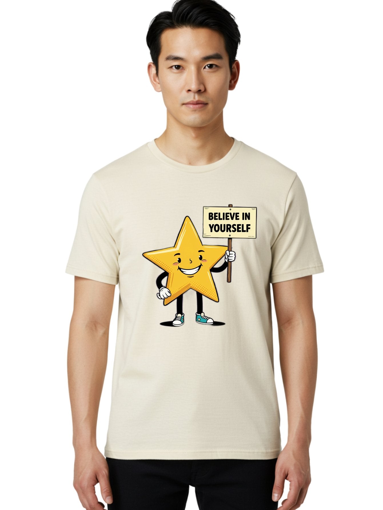 Believe-In-Yourself-4 Men'S Graphic Tee, 100% Cotton, Comfortable Casual Summer Wear, Machine Washable, Motivational Star Character, Inspirational Message, Self-Confidence Boost, Positivity, Encouragement, Smiling Star, Cartoon Character, Bae130 27