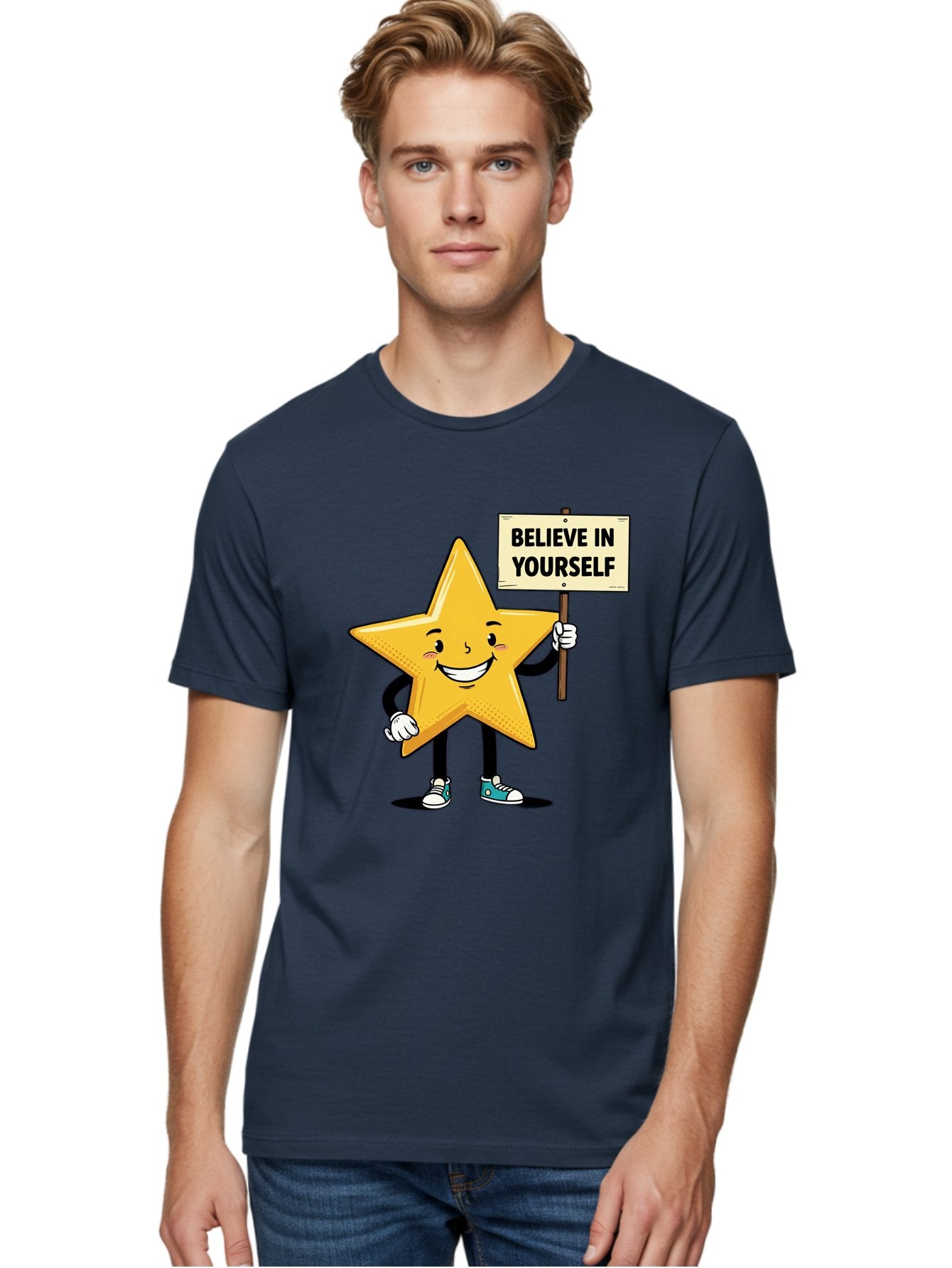 Believe-In-Yourself-4 Men'S Graphic Tee, 100% Cotton, Comfortable Casual Summer Wear, Machine Washable, Motivational Star Character, Inspirational Message, Self-Confidence Boost, Positivity, Encouragement, Smiling Star, Cartoon Character, Bae130 19