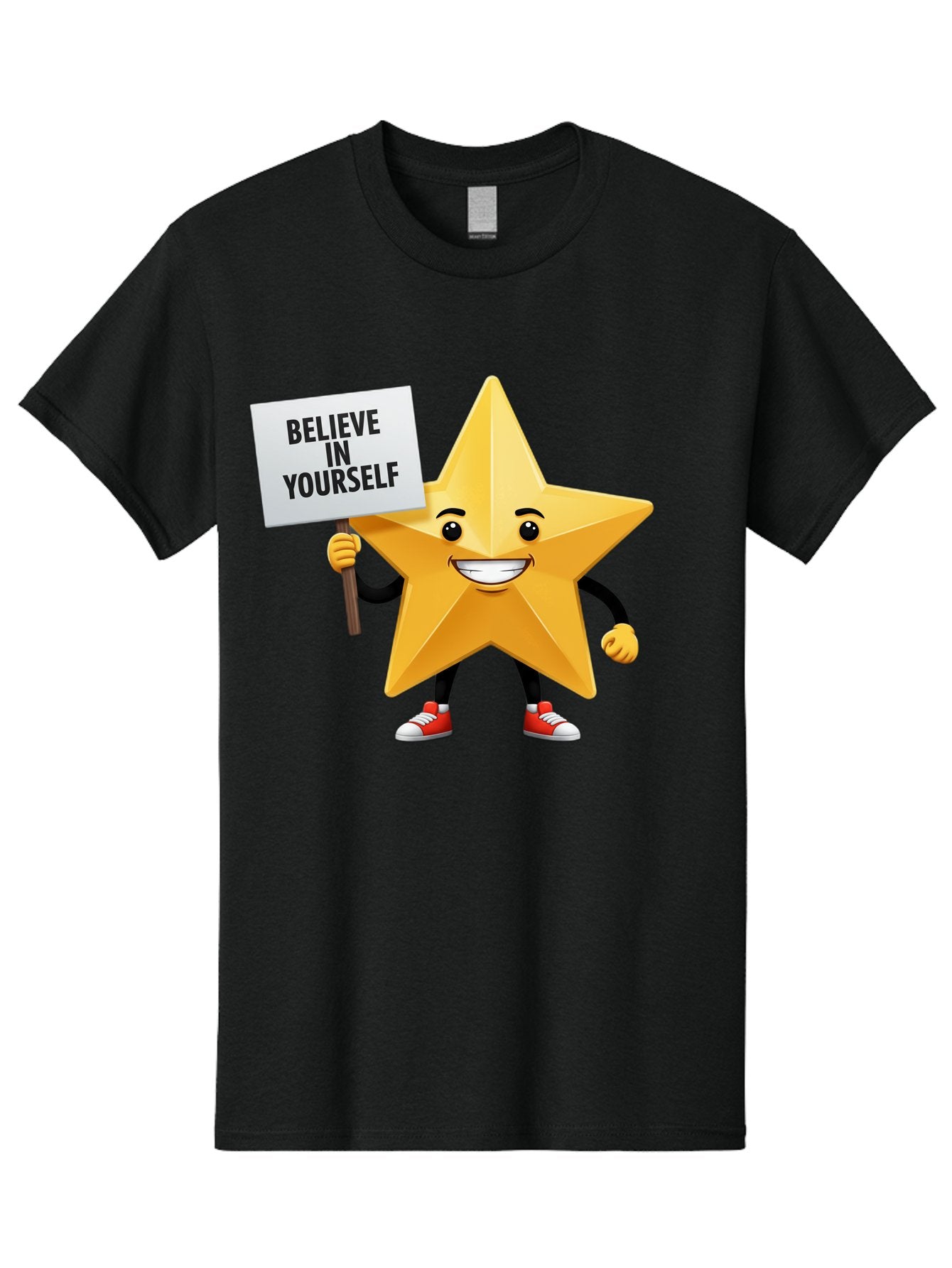 Believe-In-Yourself-6 Men'S Graphic Tee, 100% Cotton, Comfortable Casual Summer Wear, Machine Washable, Motivational Star, Inspirational Quote, Positive Message, Self-Confidence Booster, Cartoon Character, Yellow Star, Red Sneakers, Bae132 15