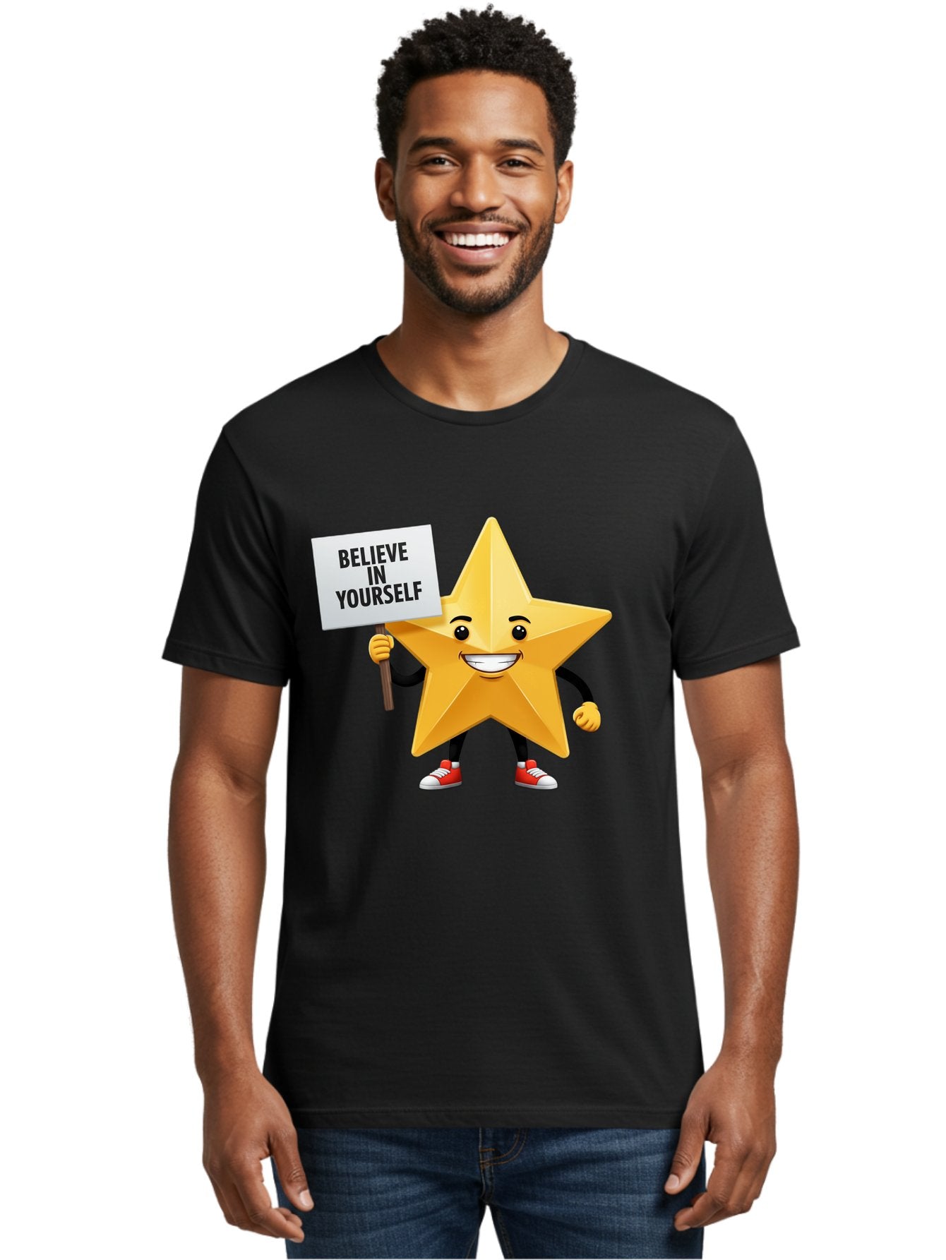 Believe-In-Yourself-6 Men'S Graphic Tee, 100% Cotton, Comfortable Casual Summer Wear, Machine Washable, Motivational Star, Inspirational Quote, Positive Message, Self-Confidence Booster, Cartoon Character, Yellow Star, Red Sneakers, Bae132 30
