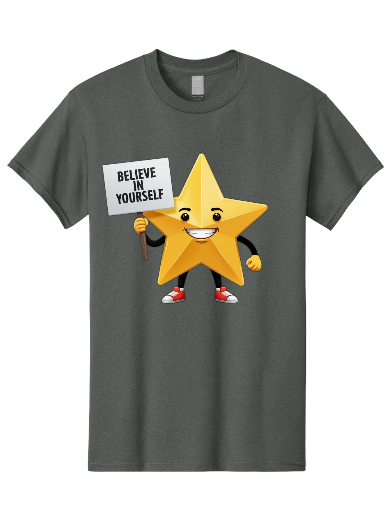 Believe-In-Yourself-6 Men'S Graphic Tee, 100% Cotton, Comfortable Casual Summer Wear, Machine Washable, Motivational Star, Inspirational Quote, Positive Message, Self-Confidence Booster, Cartoon Character, Yellow Star, Red Sneakers, Bae132 6