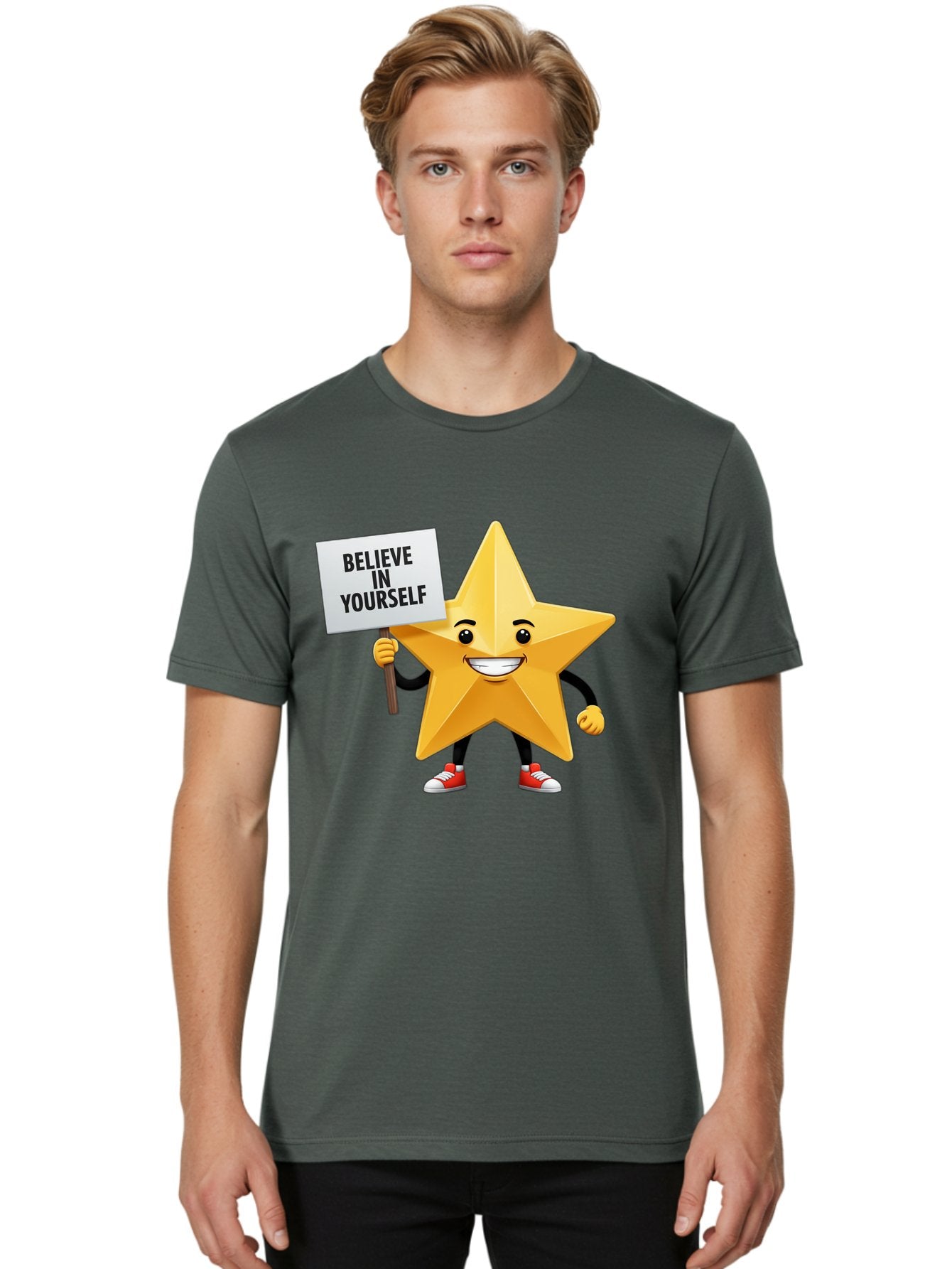 Believe-In-Yourself-6 Men'S Graphic Tee, 100% Cotton, Comfortable Casual Summer Wear, Machine Washable, Motivational Star, Inspirational Quote, Positive Message, Self-Confidence Booster, Cartoon Character, Yellow Star, Red Sneakers, Bae132 24