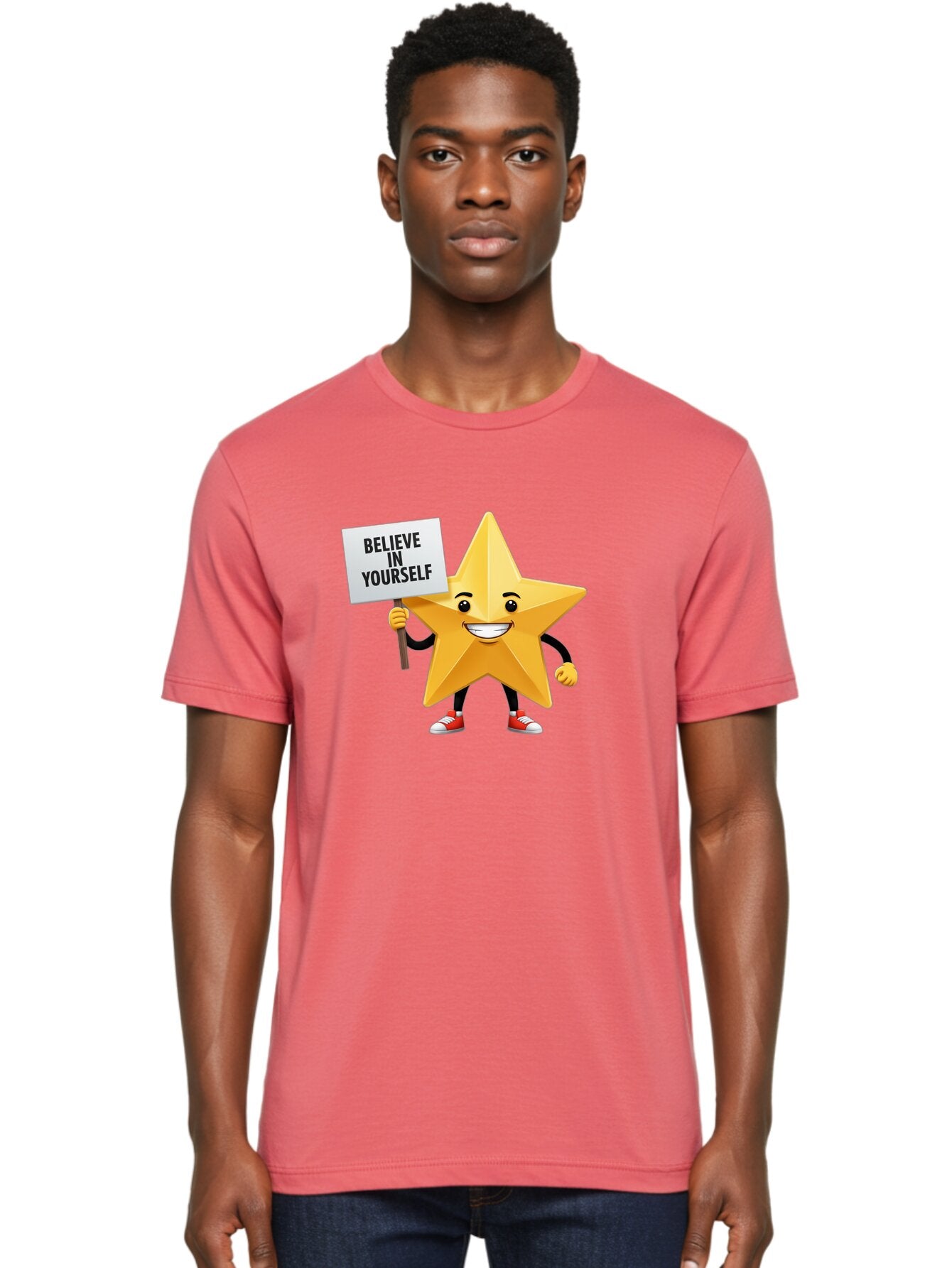 Believe-In-Yourself-6 Men'S Graphic Tee, 100% Cotton, Comfortable Casual Summer Wear, Machine Washable, Motivational Star, Inspirational Quote, Positive Message, Self-Confidence Booster, Cartoon Character, Yellow Star, Red Sneakers, Bae132 19