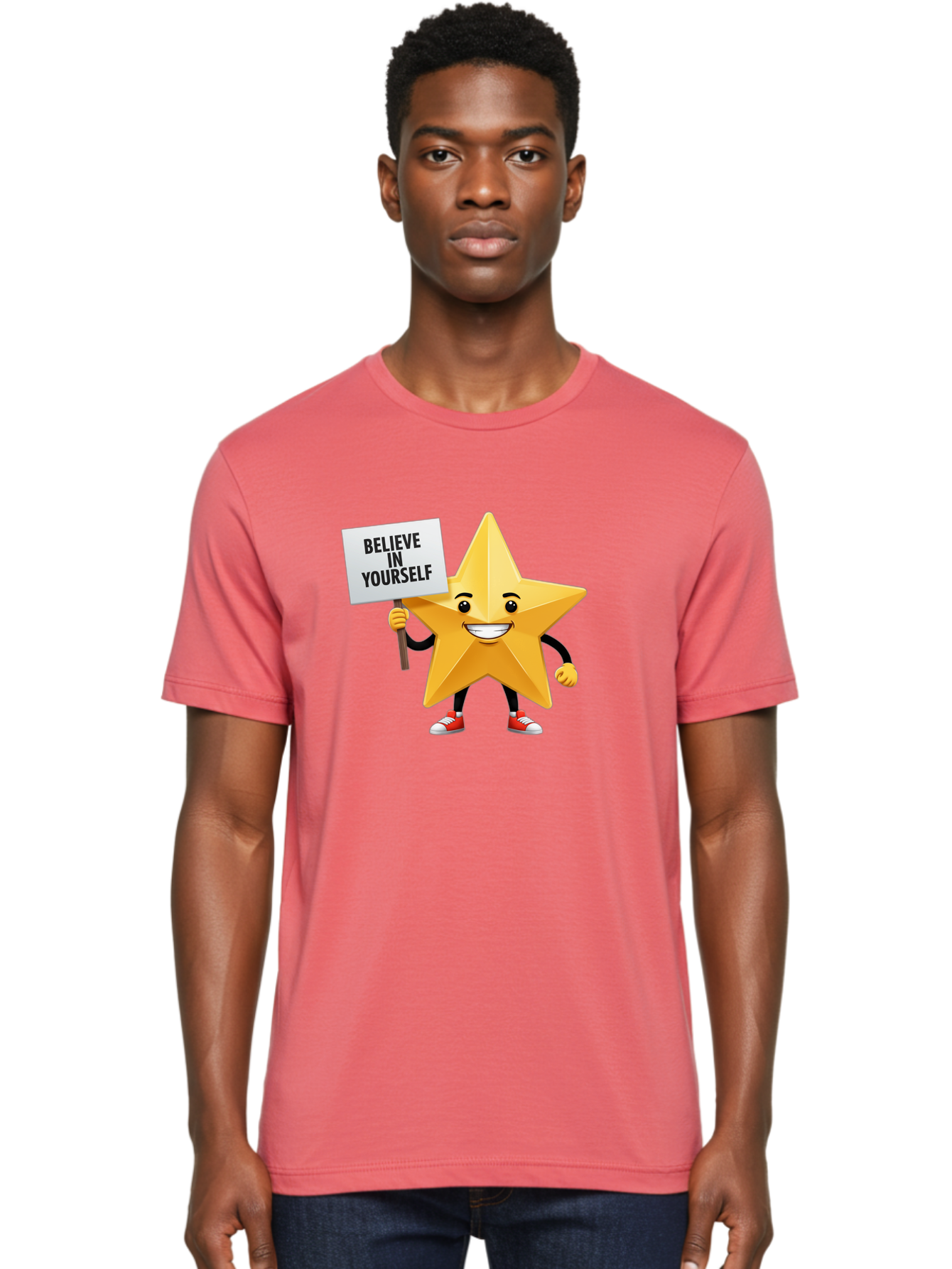 Believe-In-Yourself-6 Men'S Graphic Tee, 100% Cotton, Comfortable Casual Summer Wear, Machine Washable, Motivational Star, Inspirational Quote, Positive Message, Self-Confidence Booster, Cartoon Character, Yellow Star, Red Sneakers, Bae132 26