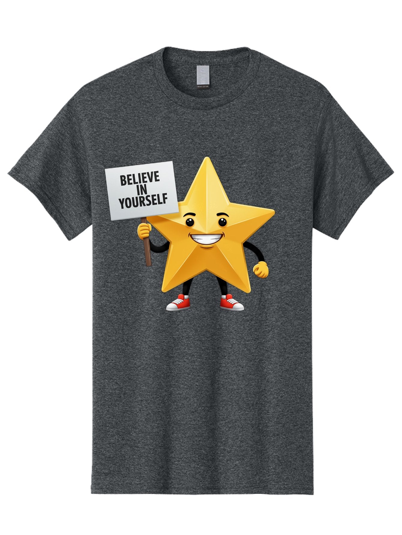 Believe-In-Yourself-6 Men'S Graphic Tee, 100% Cotton, Comfortable Casual Summer Wear, Machine Washable, Motivational Star, Inspirational Quote, Positive Message, Self-Confidence Booster, Cartoon Character, Yellow Star, Red Sneakers, Bae132 4