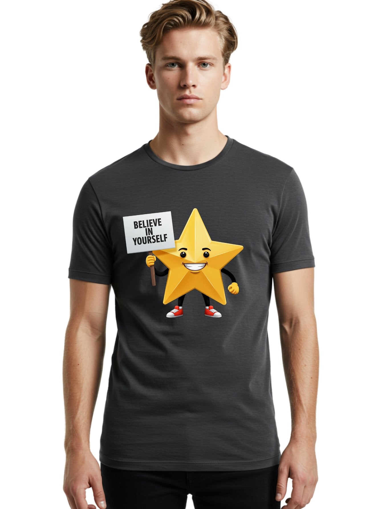 Believe-In-Yourself-6 Men'S Graphic Tee, 100% Cotton, Comfortable Casual Summer Wear, Machine Washable, Motivational Star, Inspirational Quote, Positive Message, Self-Confidence Booster, Cartoon Character, Yellow Star, Red Sneakers, Bae132 18