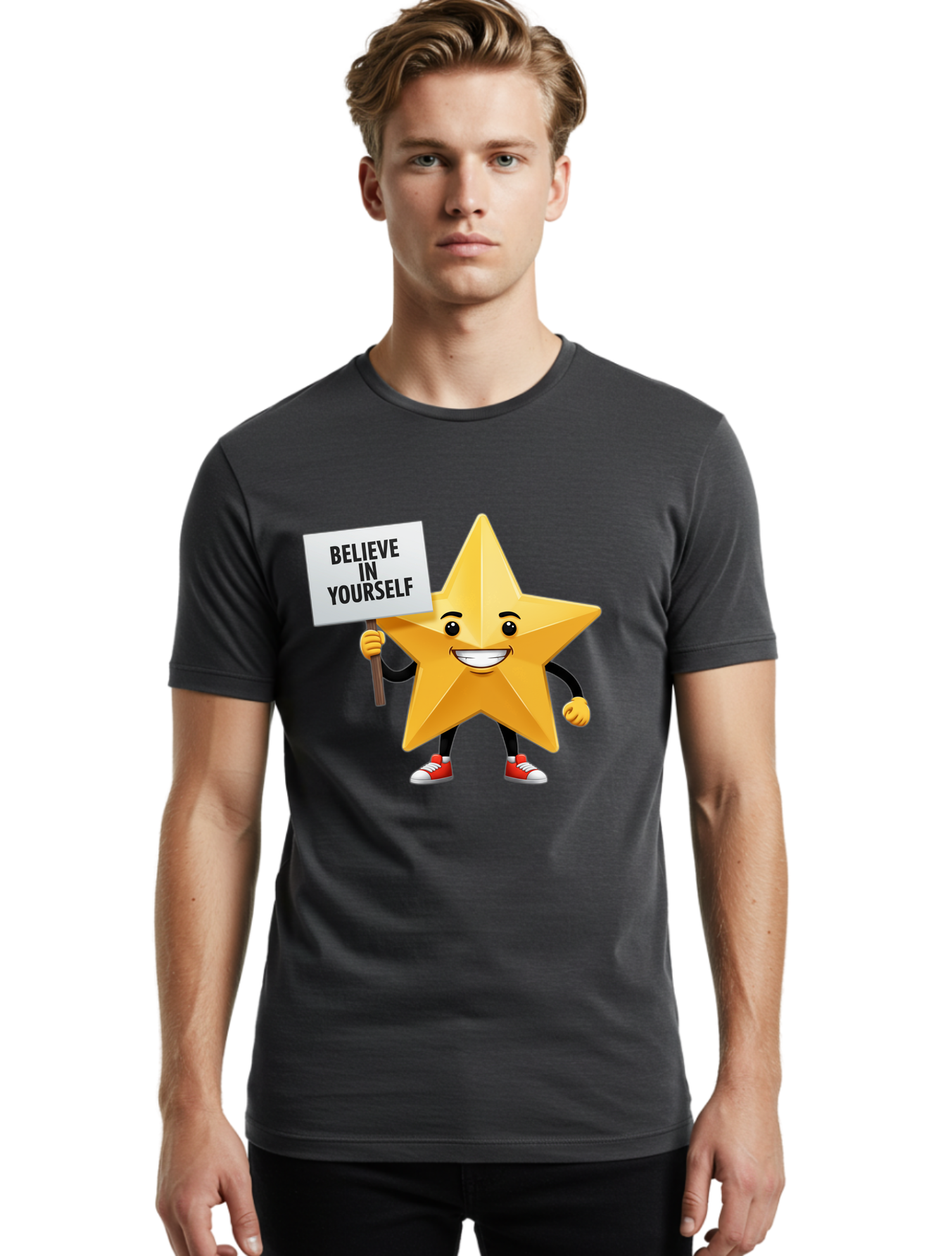 Believe-In-Yourself-6 Men'S Graphic Tee, 100% Cotton, Comfortable Casual Summer Wear, Machine Washable, Motivational Star, Inspirational Quote, Positive Message, Self-Confidence Booster, Cartoon Character, Yellow Star, Red Sneakers, Bae132 27