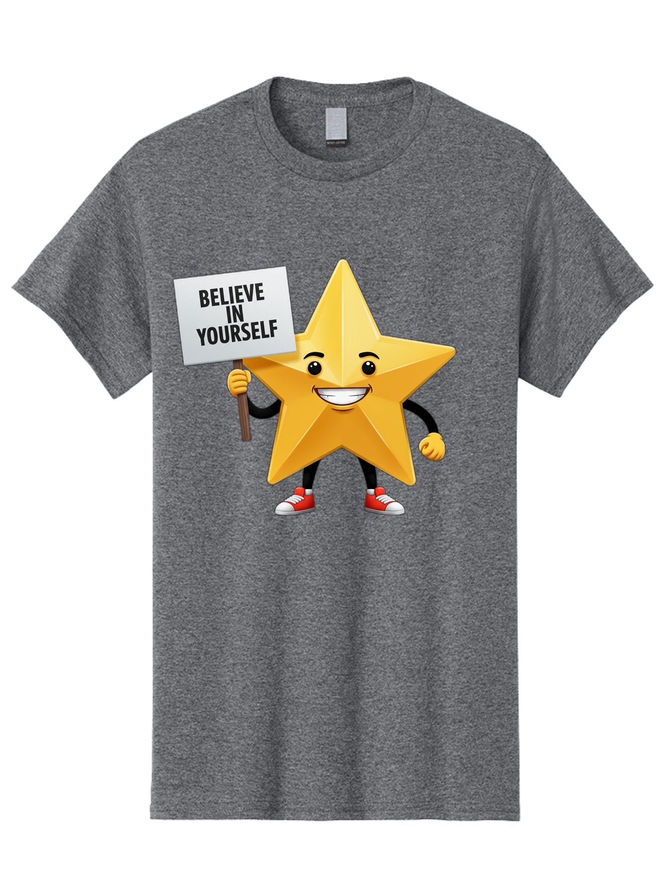 Believe-In-Yourself-6 Men'S Graphic Tee, 100% Cotton, Comfortable Casual Summer Wear, Machine Washable, Motivational Star, Inspirational Quote, Positive Message, Self-Confidence Booster, Cartoon Character, Yellow Star, Red Sneakers, Bae132 11