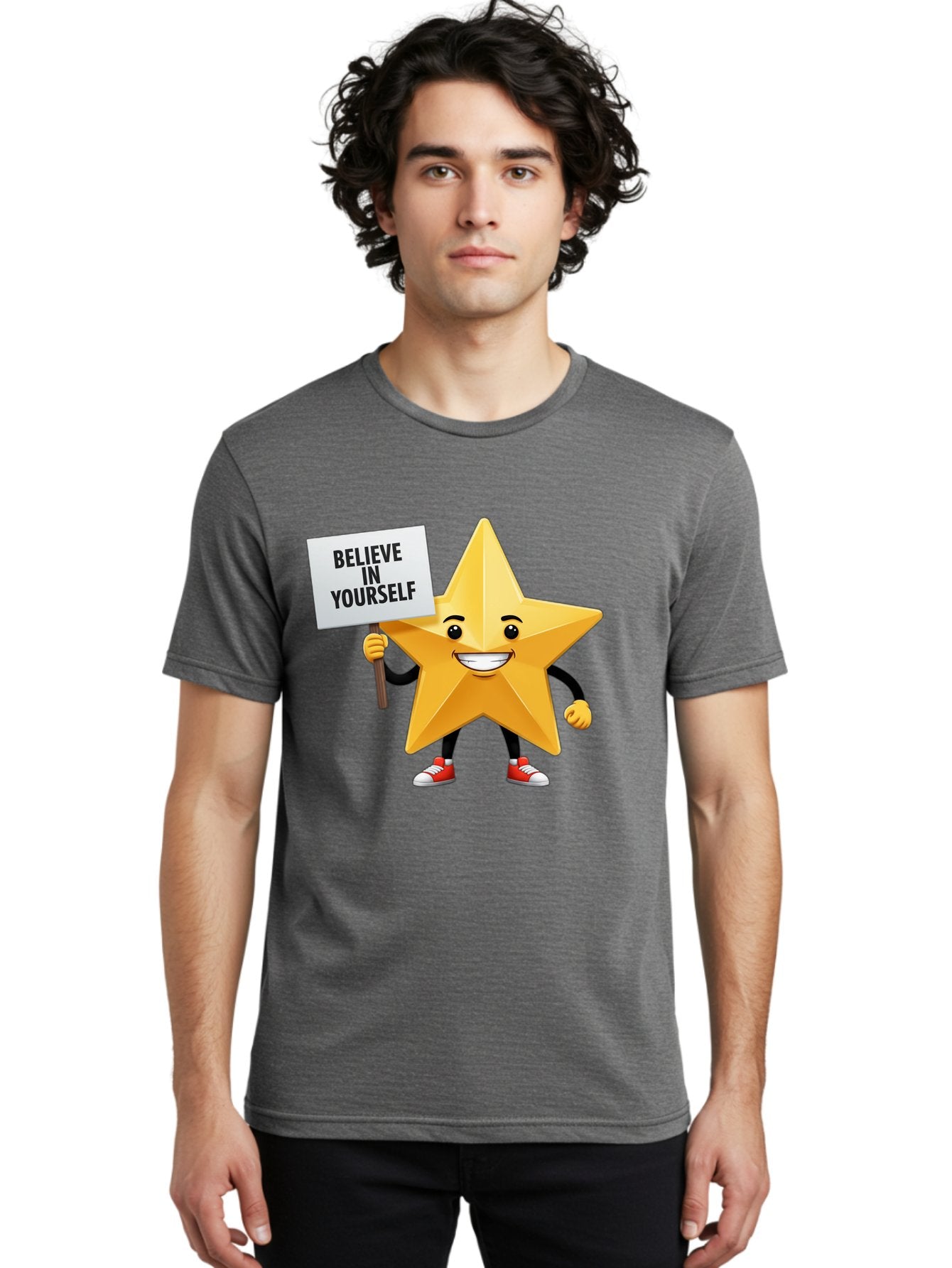 Believe-In-Yourself-6 Men'S Graphic Tee, 100% Cotton, Comfortable Casual Summer Wear, Machine Washable, Motivational Star, Inspirational Quote, Positive Message, Self-Confidence Booster, Cartoon Character, Yellow Star, Red Sneakers, Bae132 27